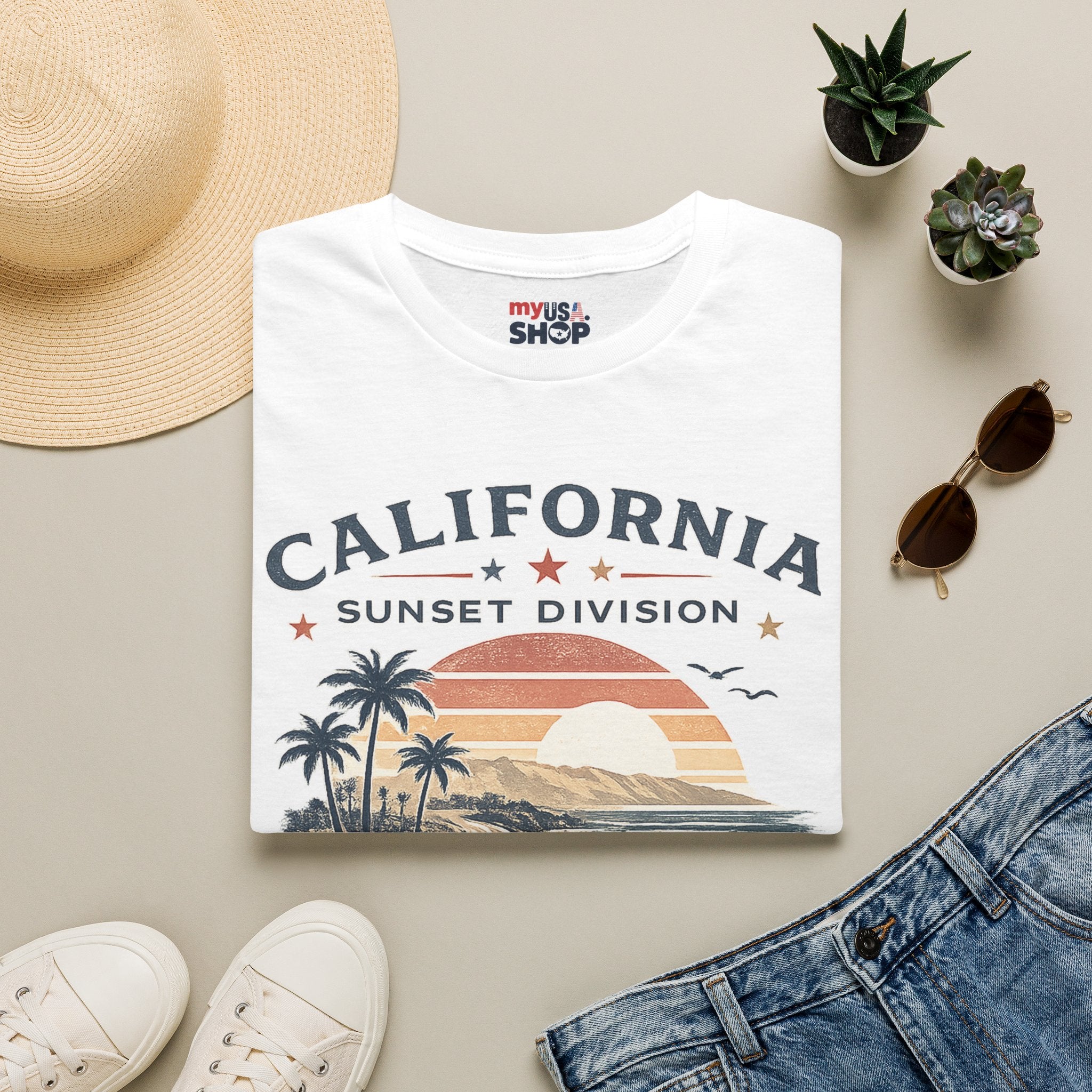 America 250 California Sunset Division T-Shirt — Vintage Palm Beach Sunset Tee