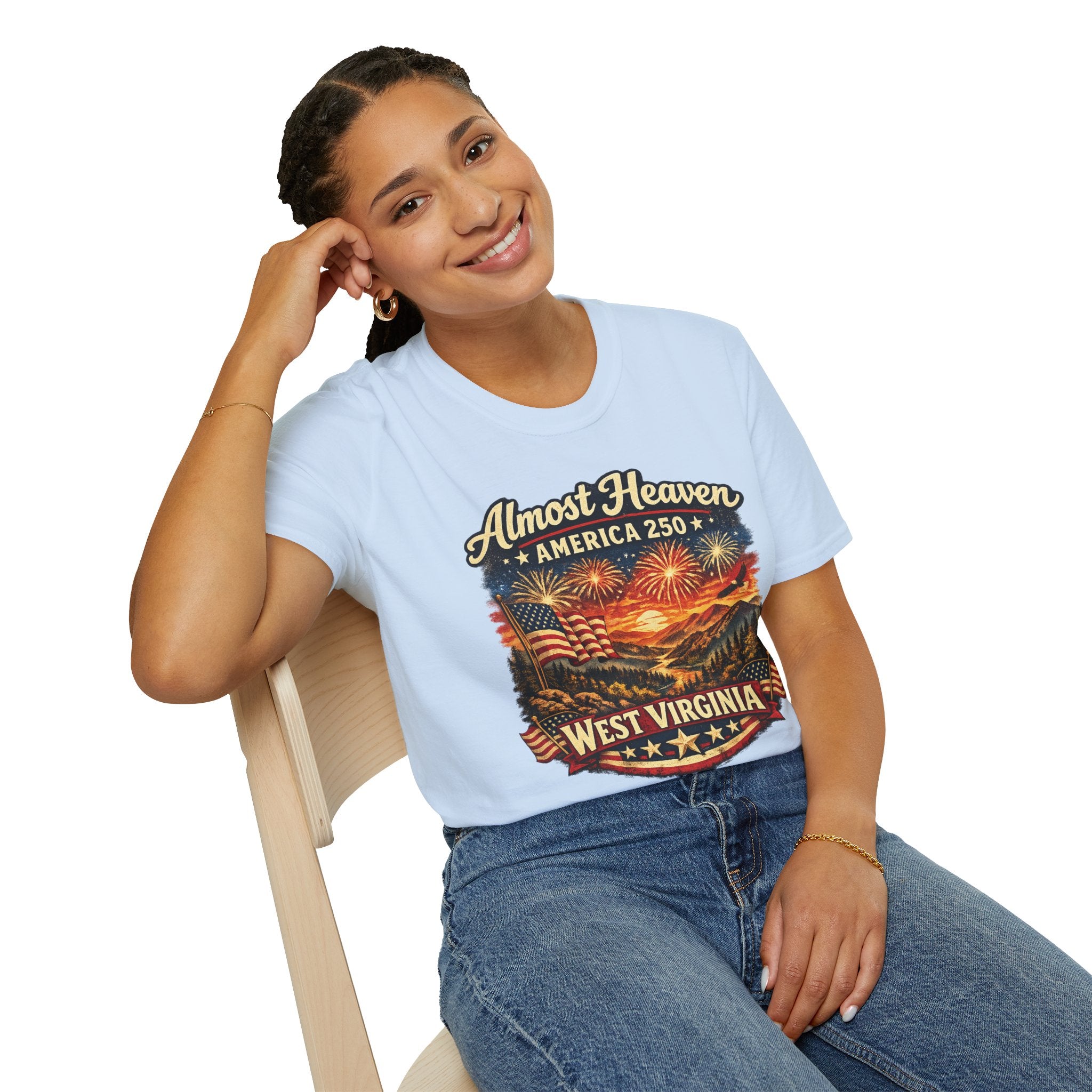Almost Heaven West Virginia T-Shirt – America 250 Patriotic Fireworks Tee