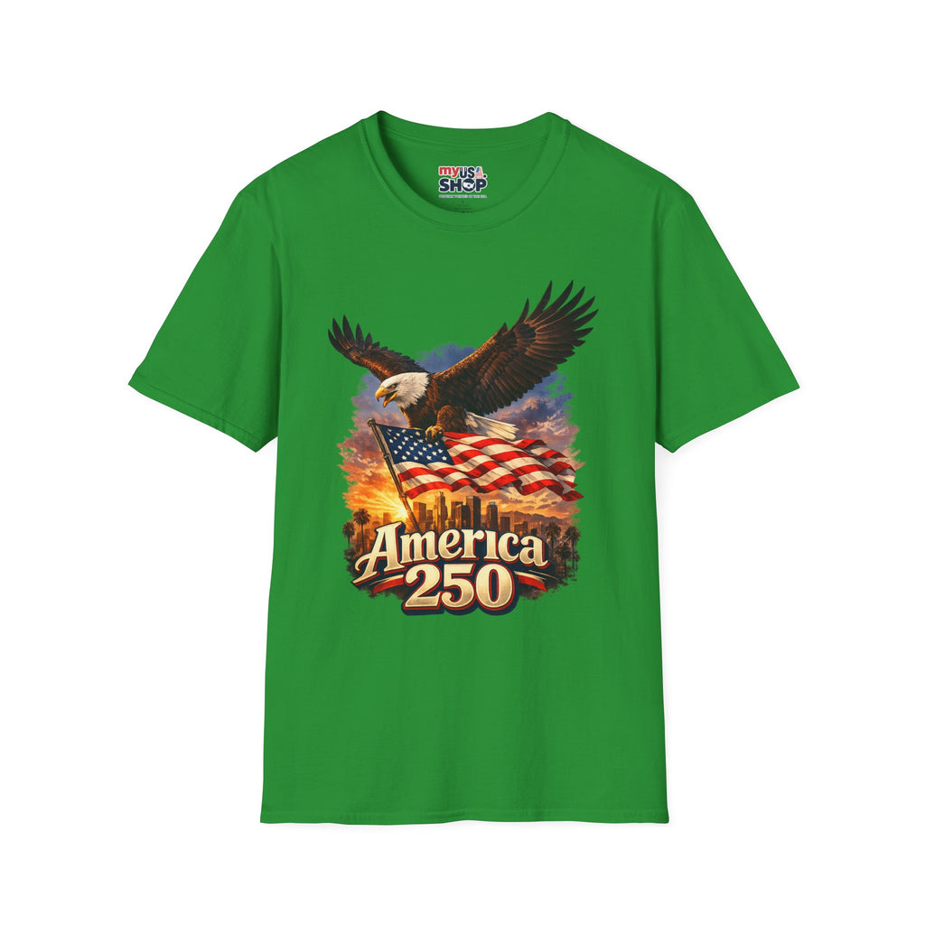 America 250 Los Angeles Eagle Flag Skyline Palms Sunset White California Tee