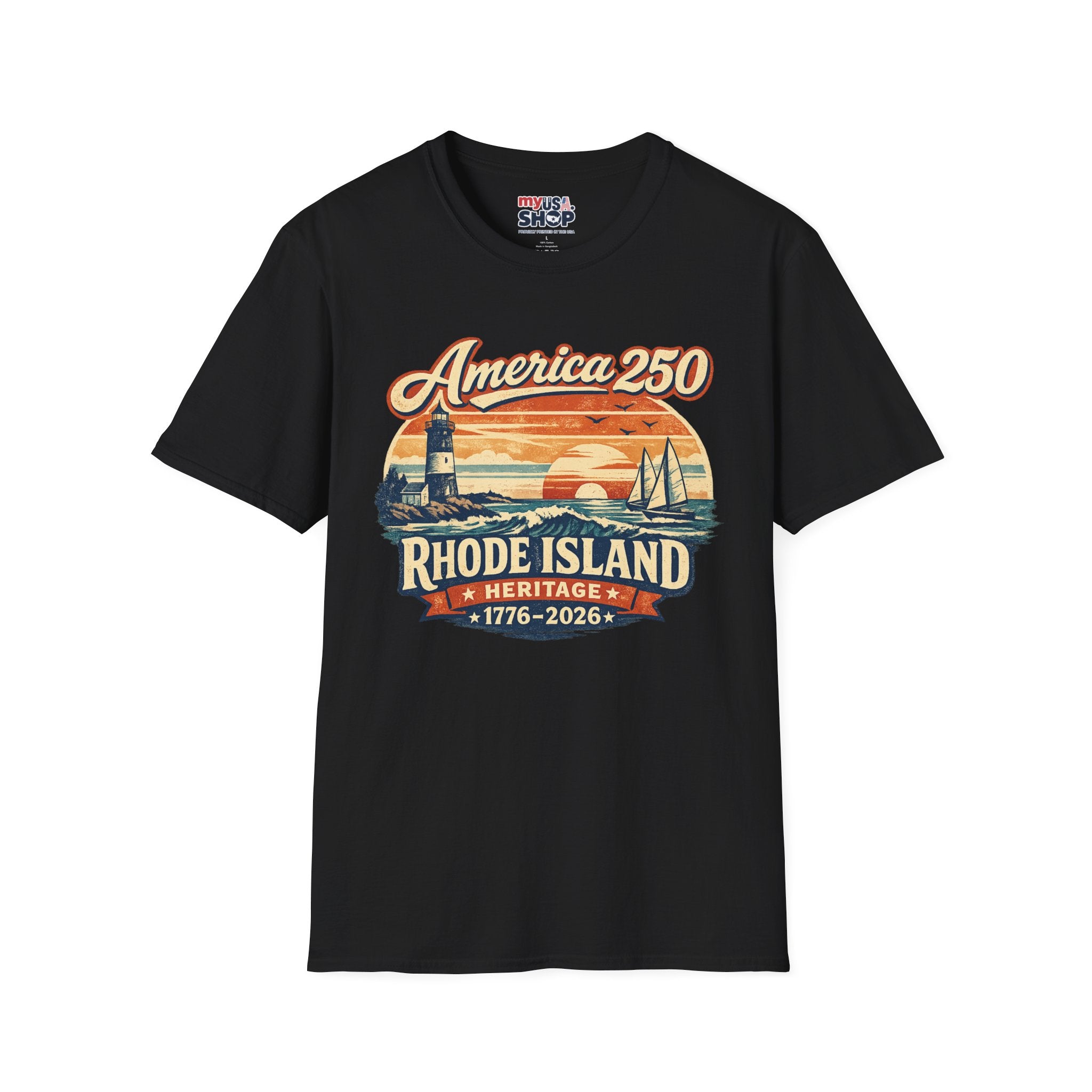 America 250 Rhode Island Heritage Shirt — Coastal Lighthouse Sunset Tee