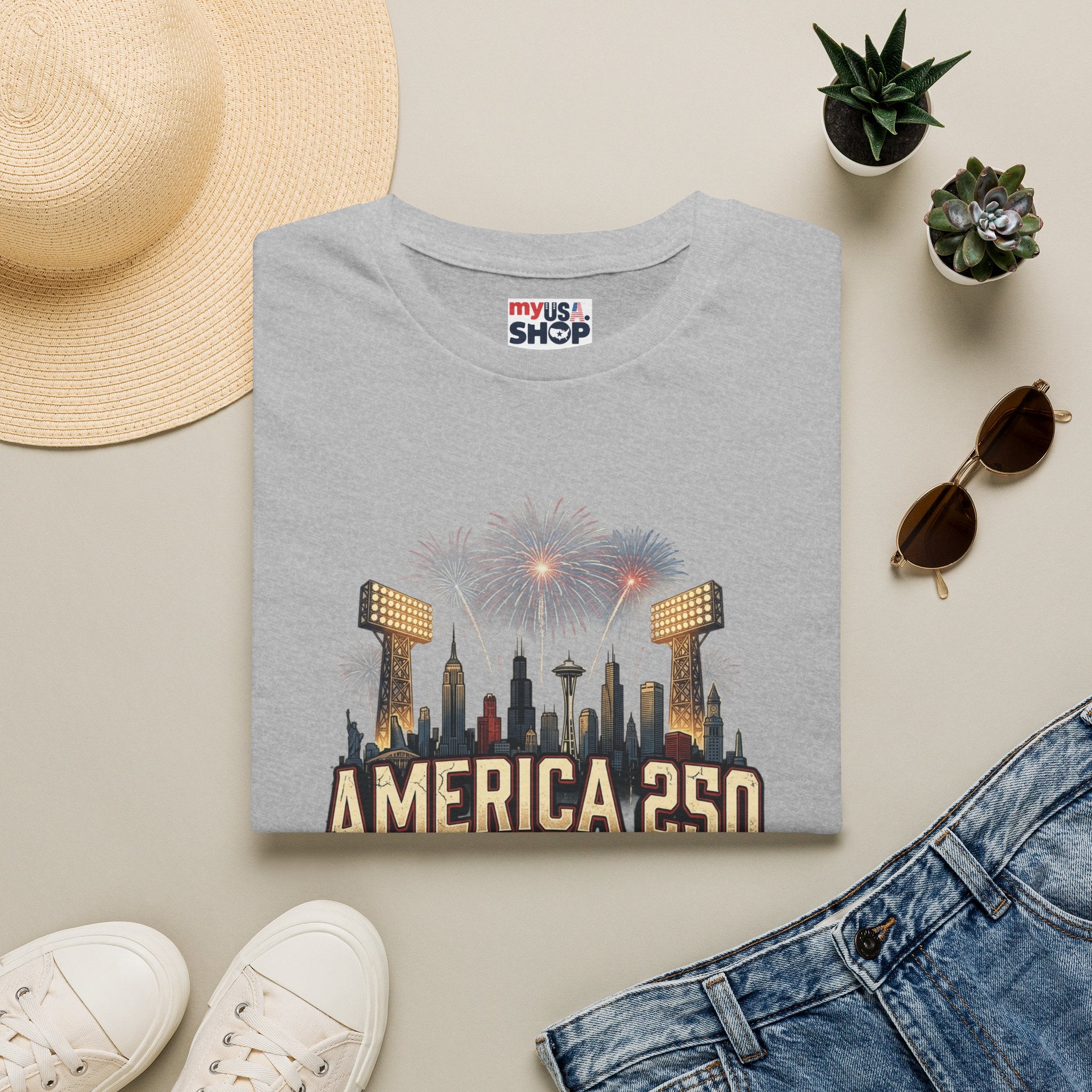 America 250 Celebration T‑Shirt — Hometown Legends Fireworks Skyline Pop Culture