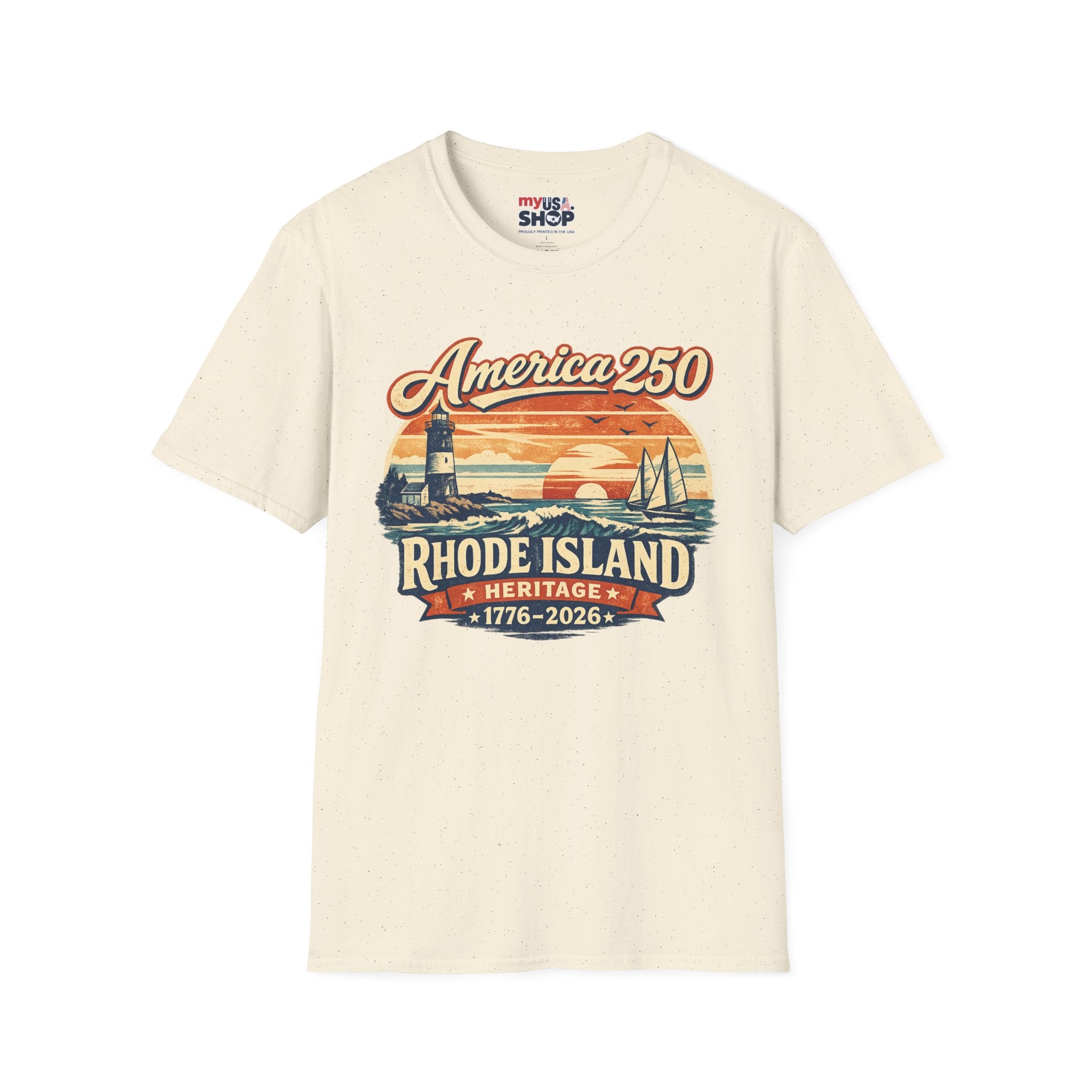 America 250 Rhode Island Heritage Shirt — Coastal Lighthouse Sunset Tee