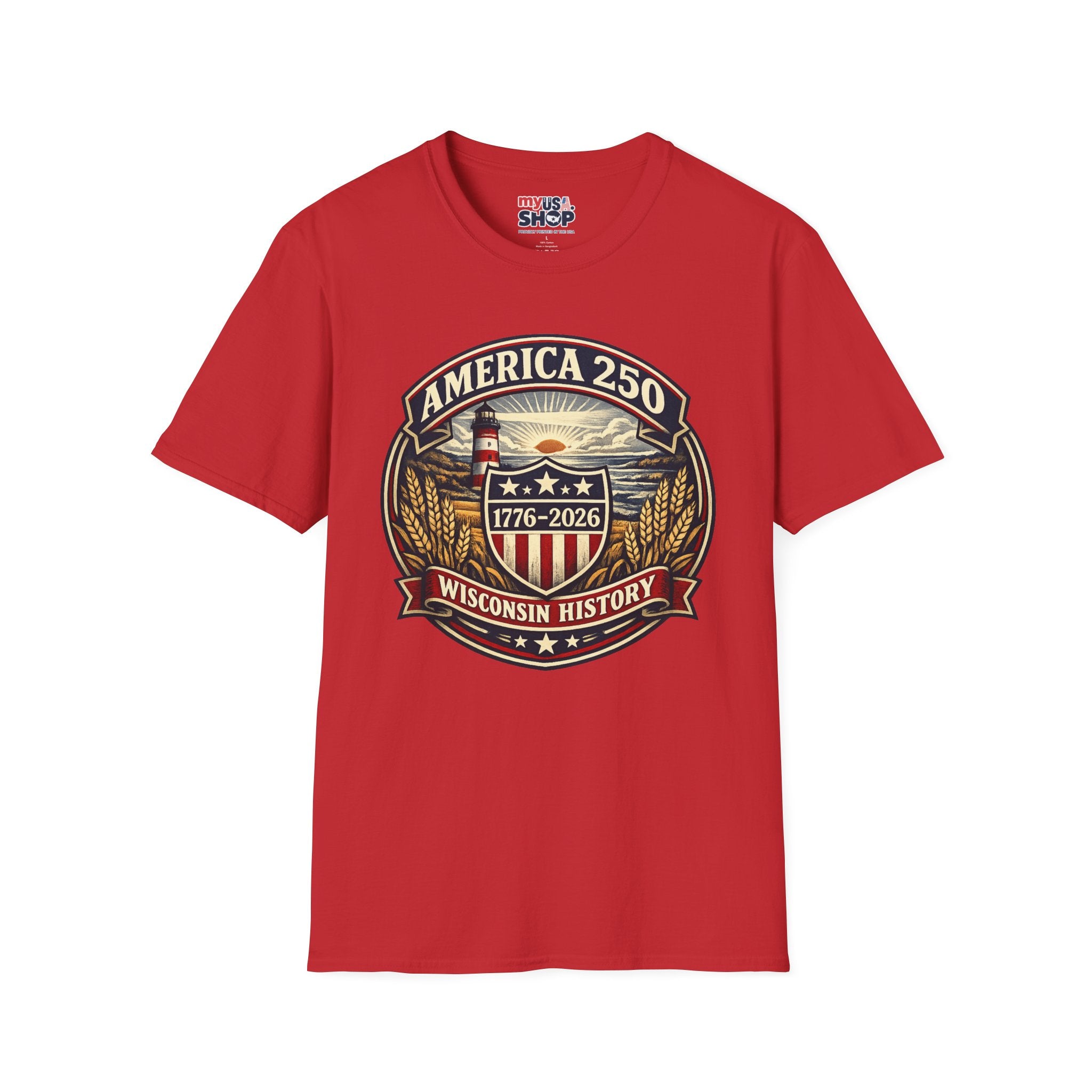 America 250 Commemorative T-Shirt – Wisconsin History Lighthouse Vintage Badge
