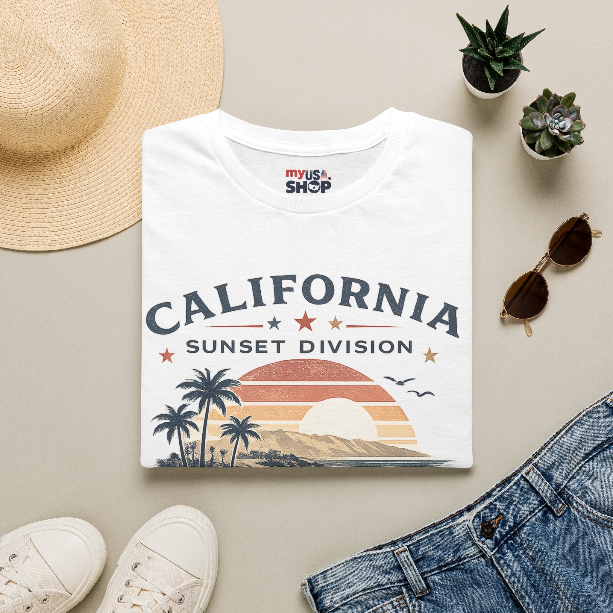America 250 California Sunset Division T-Shirt — Vintage Palm Beach Sunset Tee