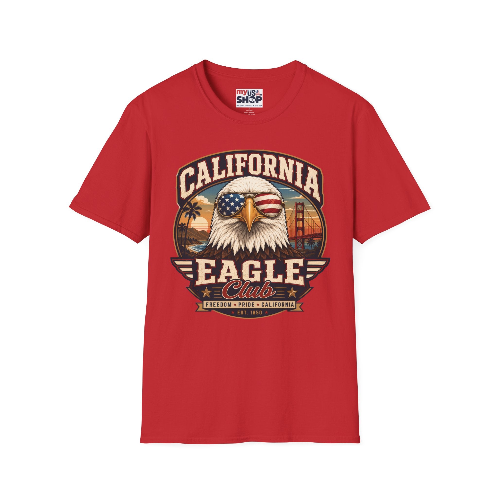 America 250 California Eagle Club T-Shirt — Patriotic Vintage Bald Eagle & Golden Gate Tee