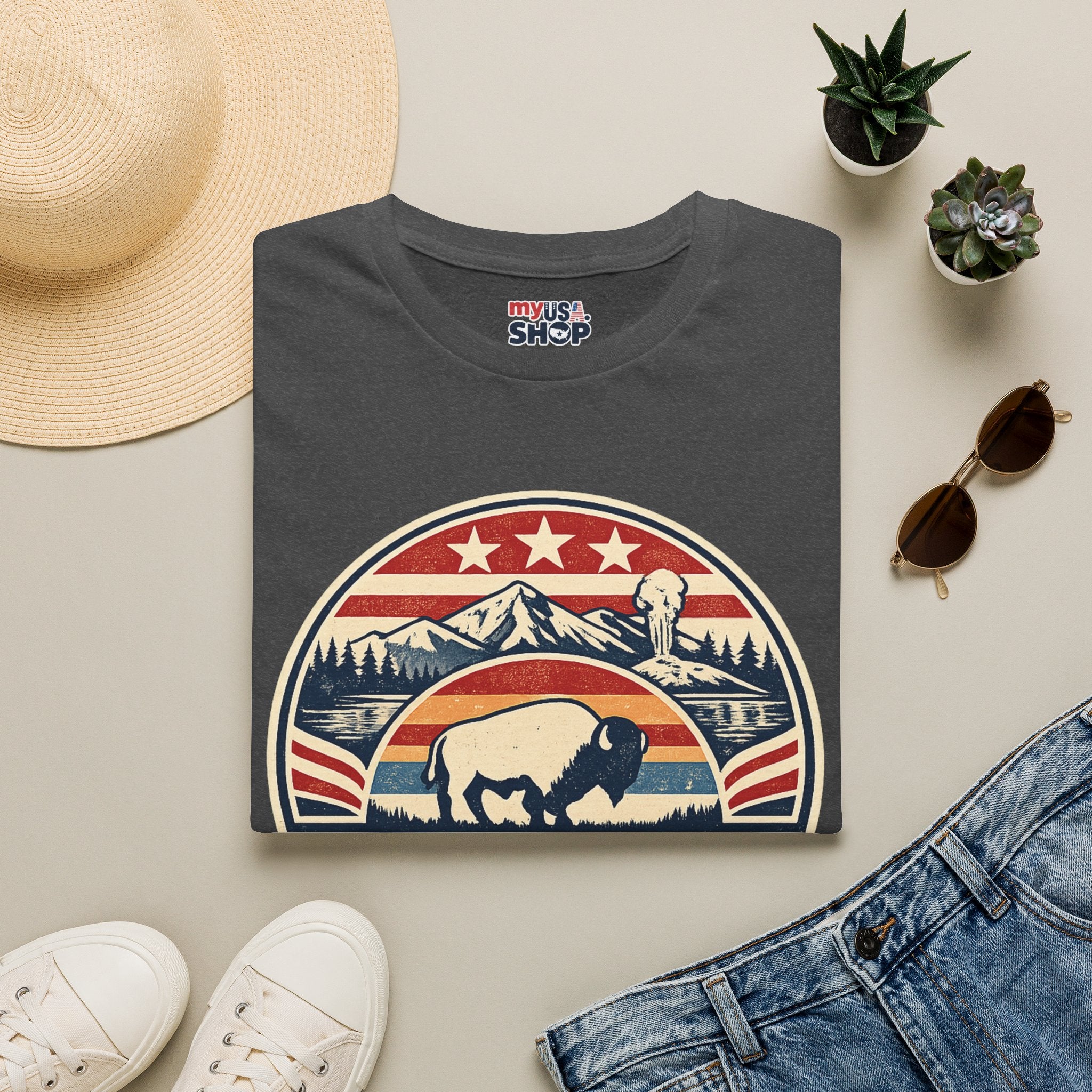 Wyoming Buffalo Tee — America 250 Retro Mountain Graphic T-Shirt