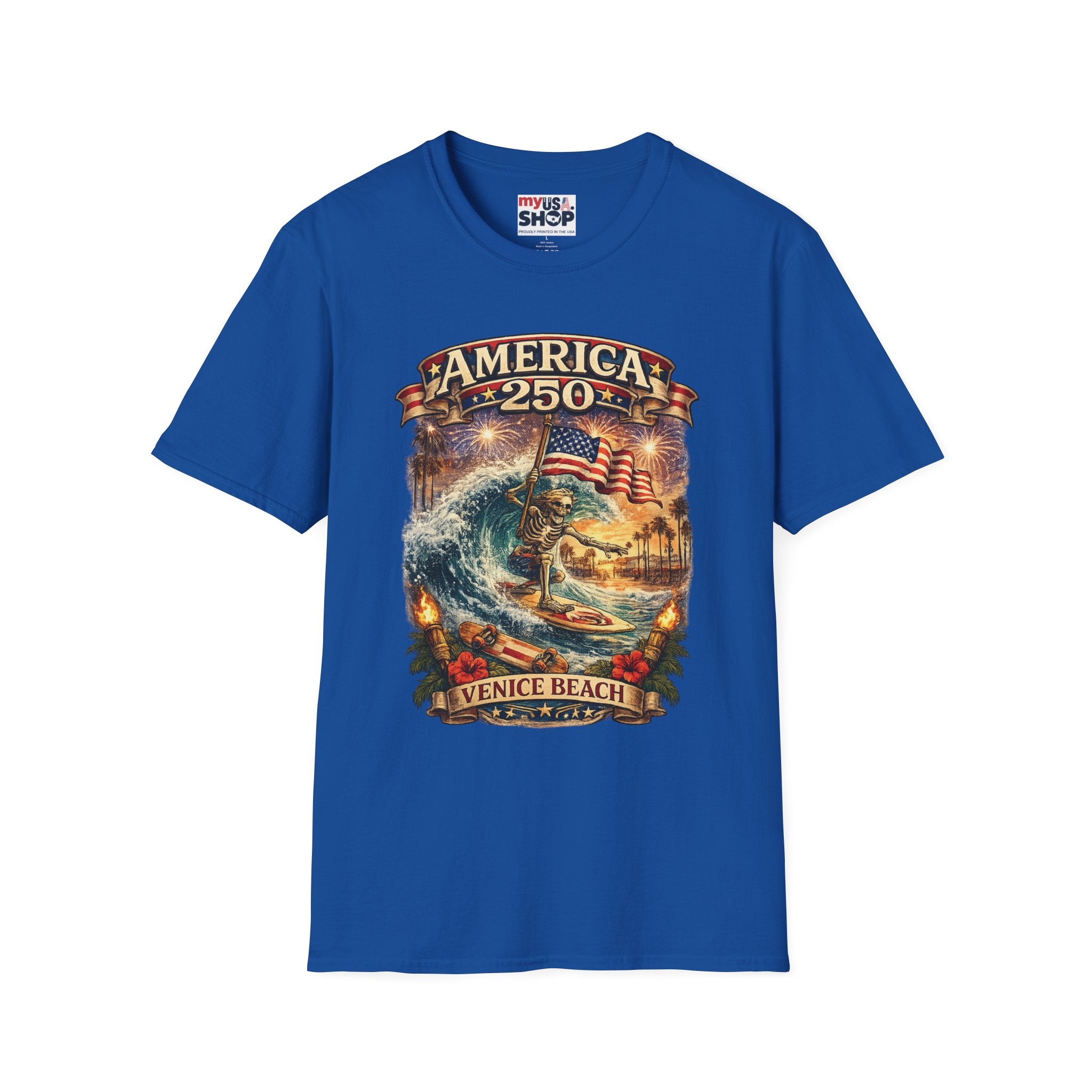 America 250 Venice Beach T-Shirt — Patriotic Vintage Surf & Fireworks Tee