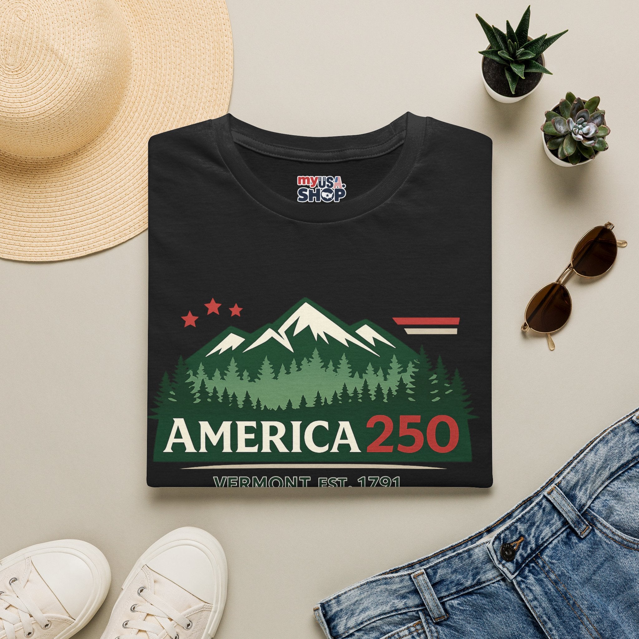 America 250 – Vermont Est. 1791 Mountain Star Vintage Tee Design