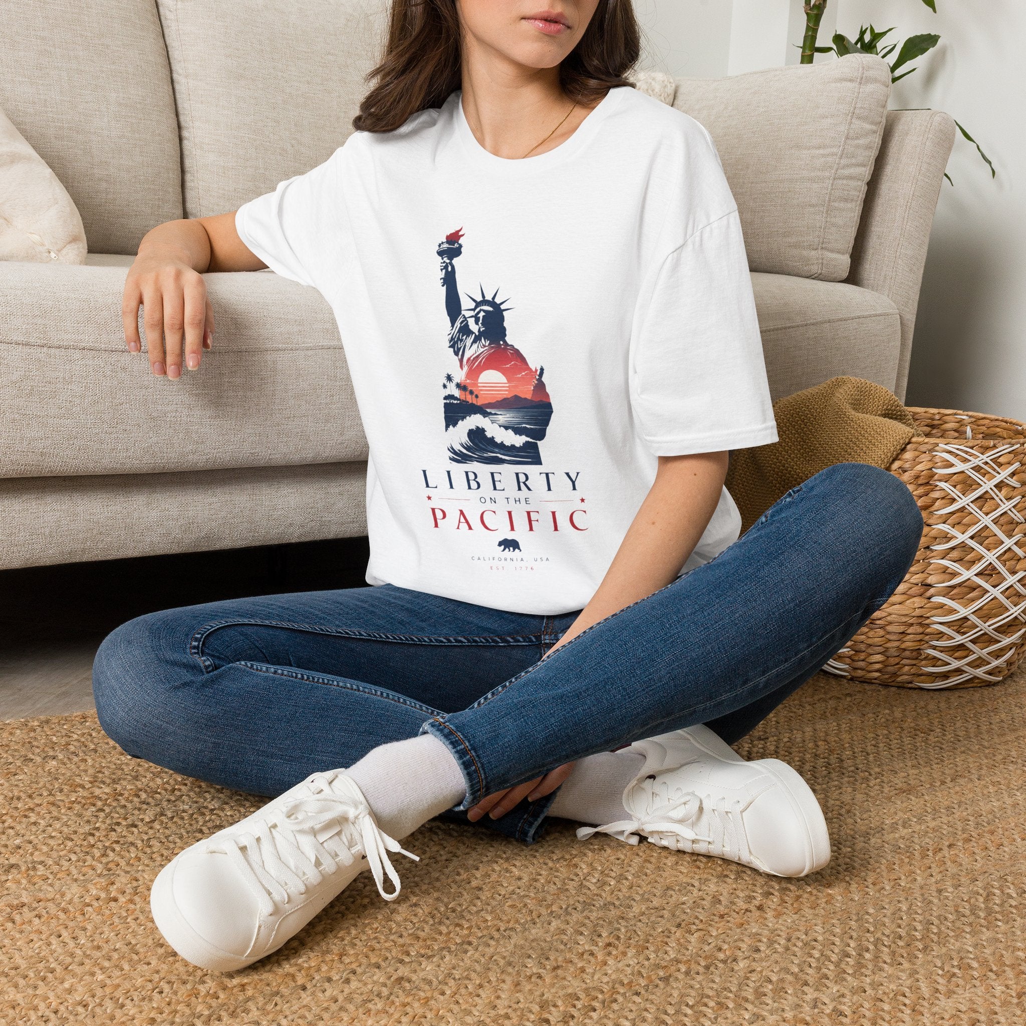 America 250 Liberty Pacific California T-Shirt — Statue of Liberty Sunset Graphic