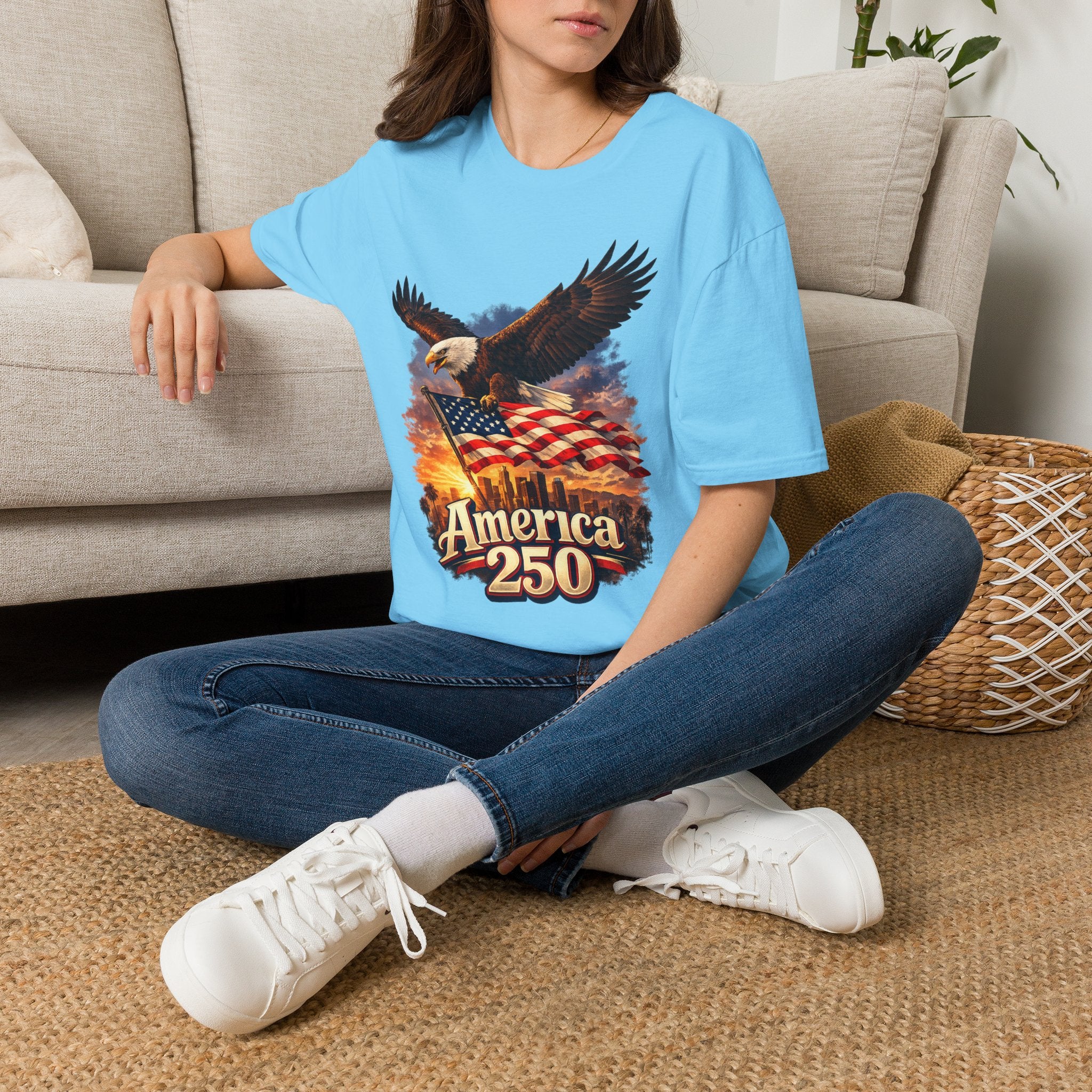America 250 Los Angeles Eagle Flag Skyline Palms Sunset White California Tee