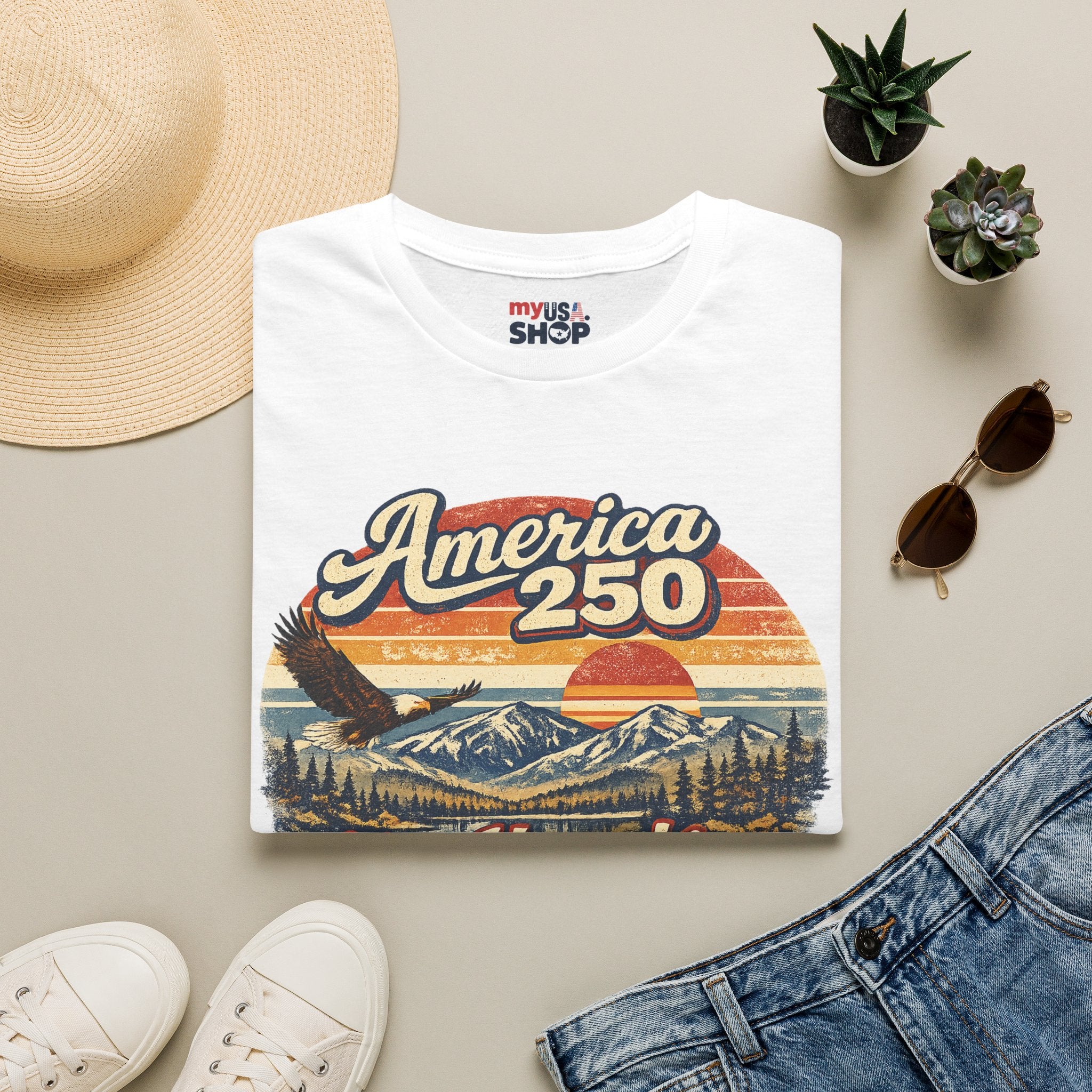 America 250 T-Shirt — Retro Eagle & Mountain New Hampshire Design