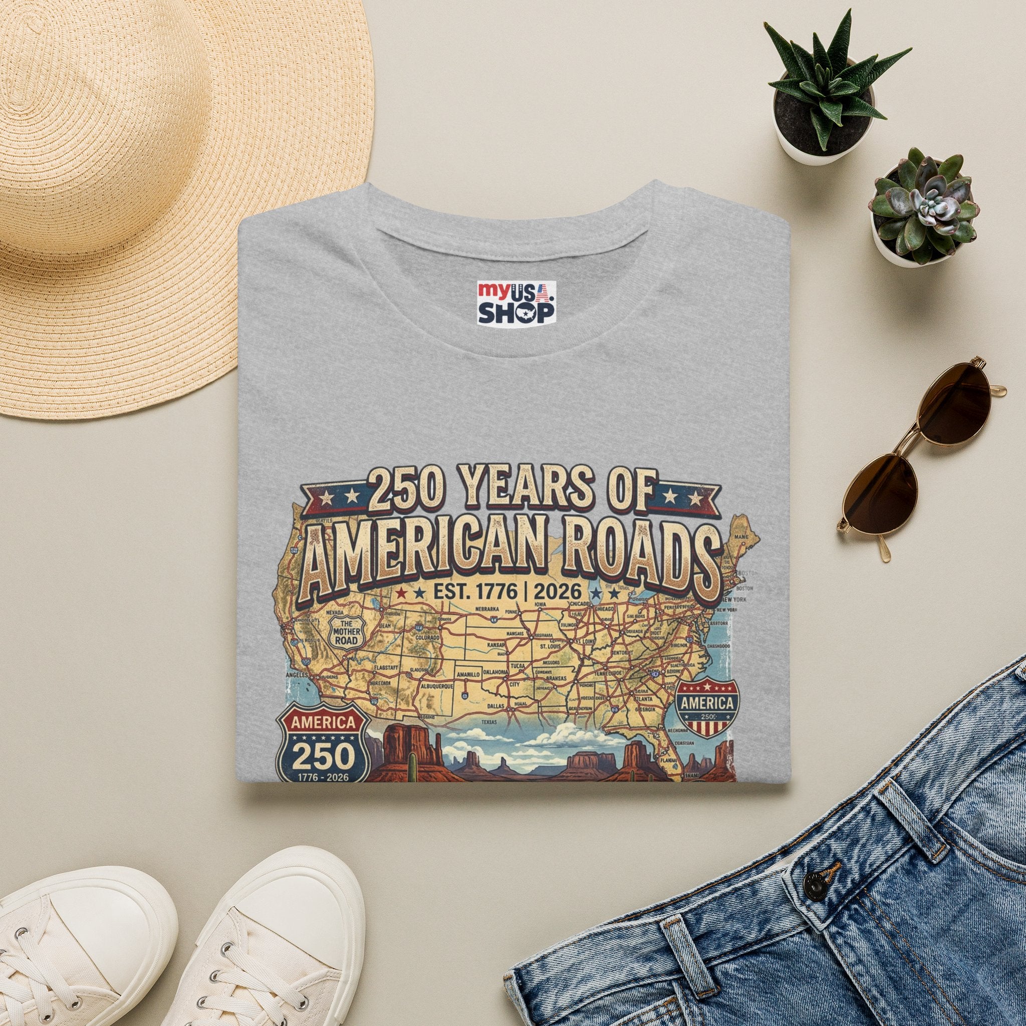 250 Years of American Roads T‑Shirt — Vintage USA Roadmap & Route 66 Travel Tee America 250 Pop Culture