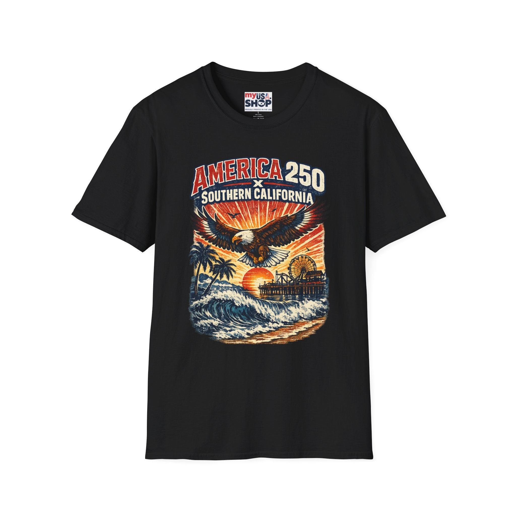 America 250 Southern California Graphic T-Shirt — Eagle, Sunset & Beach Vintage Design
