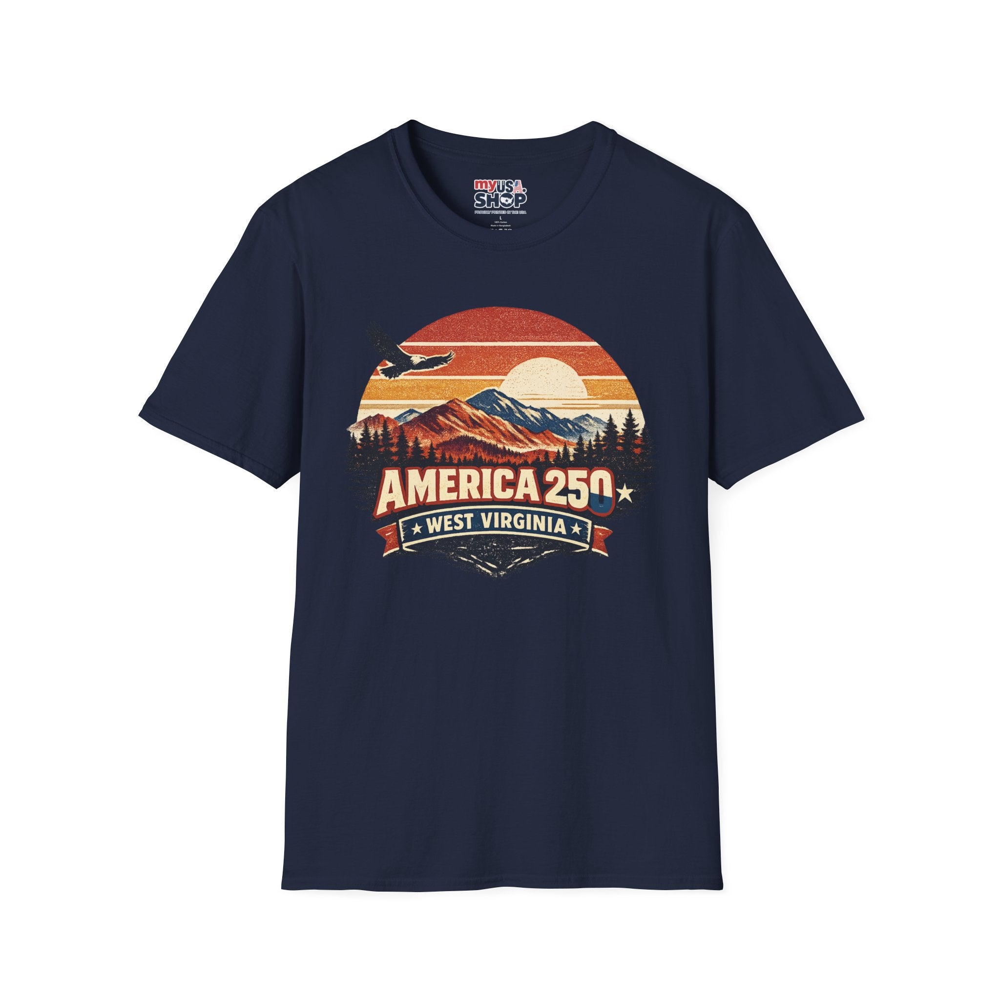 America 250 Retro Sunrise T-Shirt — West Virginia Scenic Eagle Design
