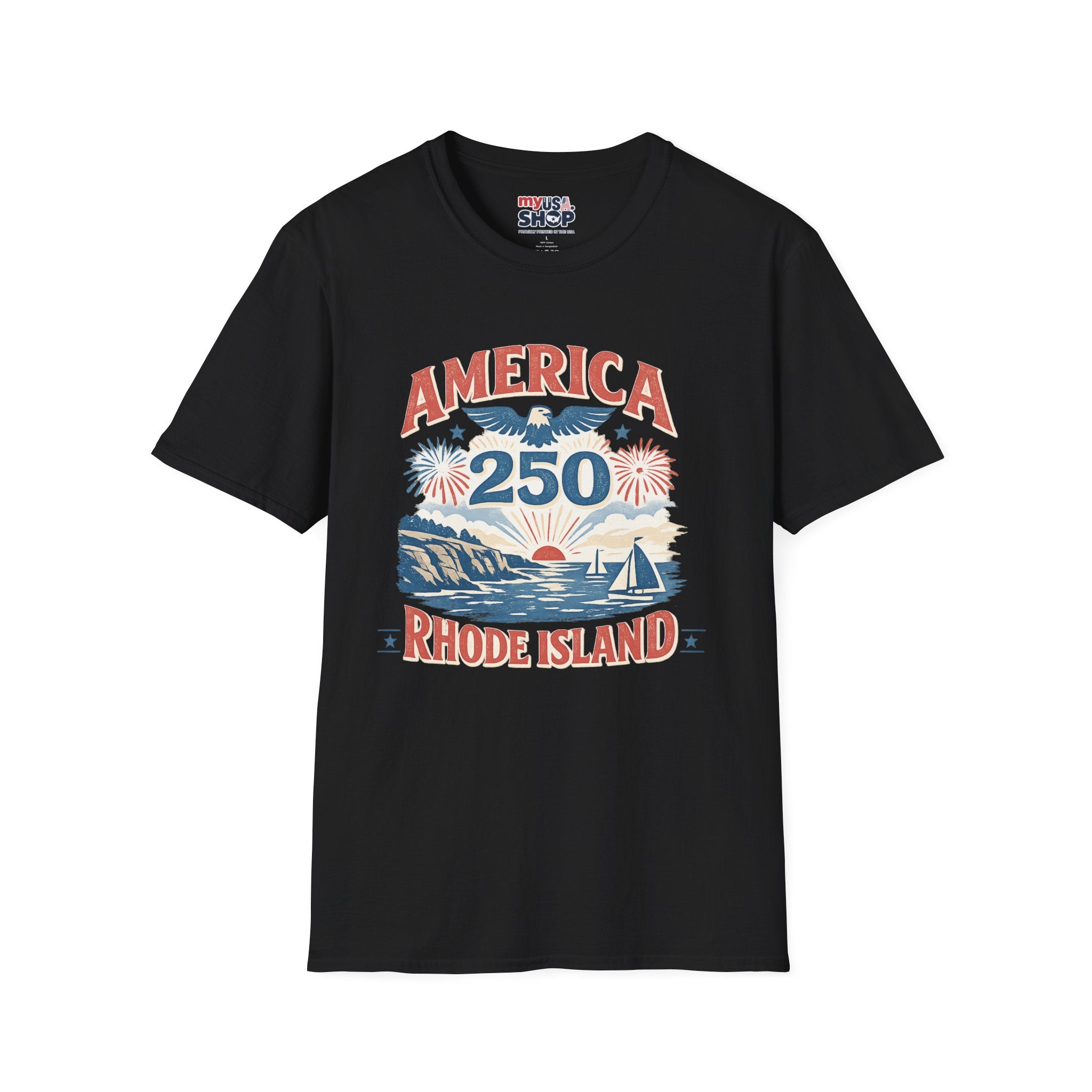 America 250 Rhode Island Shirt — Coastal Fireworks Patriotic Tee
