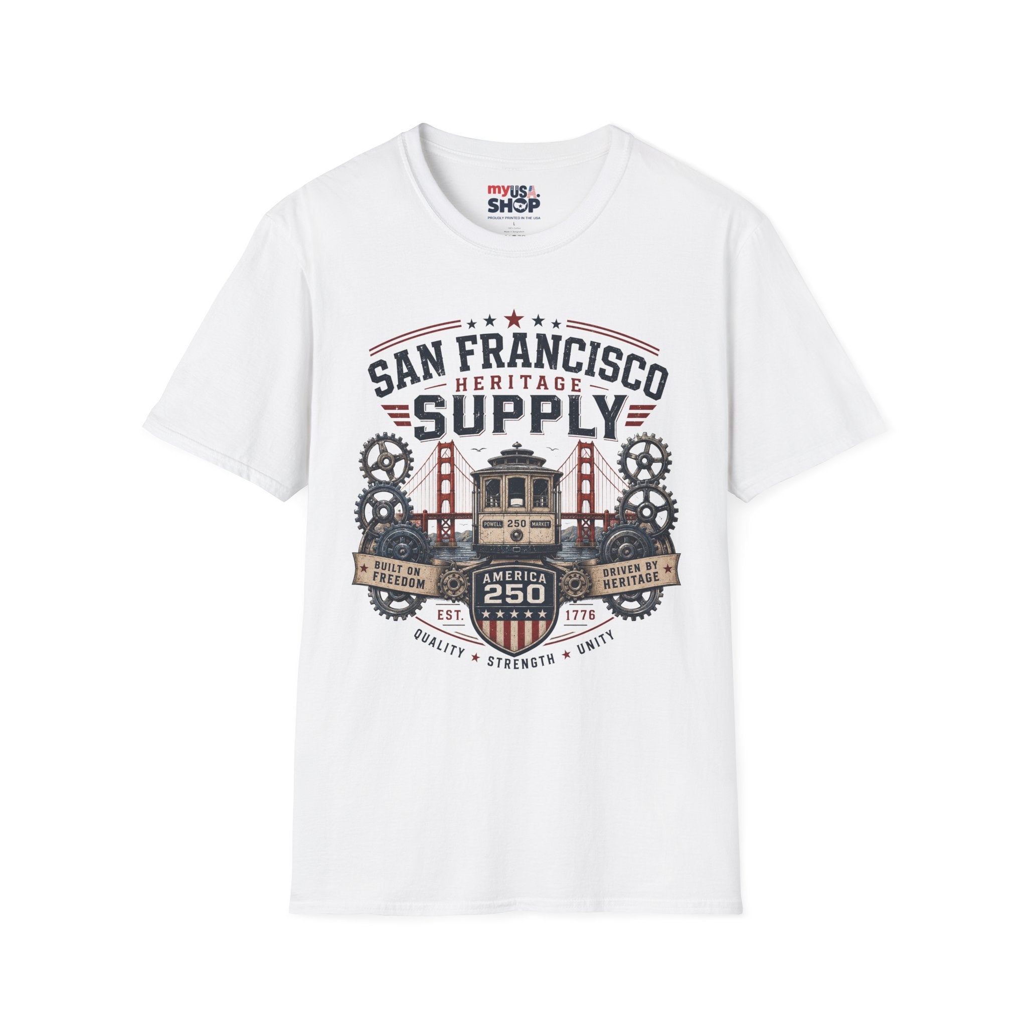 San Francisco Heritage Supply T-Shirt — Vintage Cable Car & Golden Gate Graphic