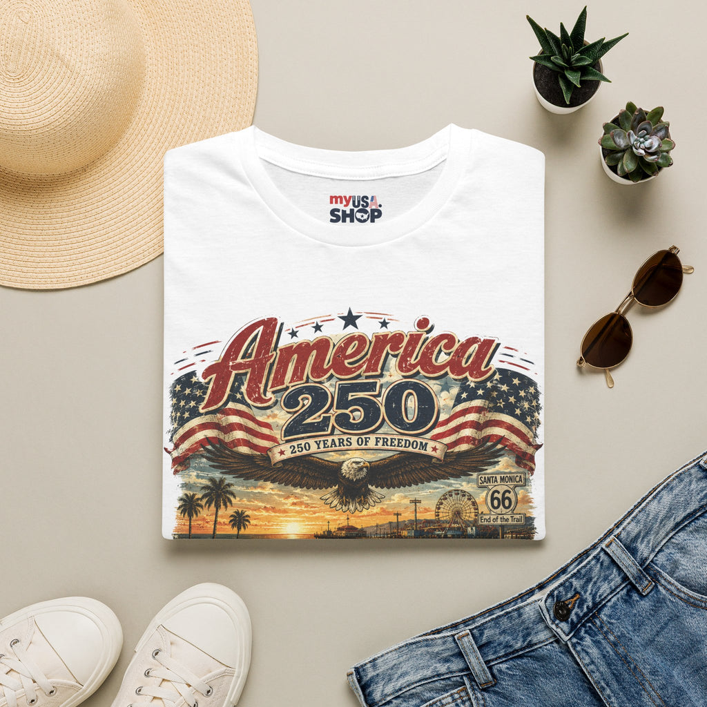 America 250 Santa Monica T-Shirt — USA 250 Years of Freedom Vintage Graphic Tee