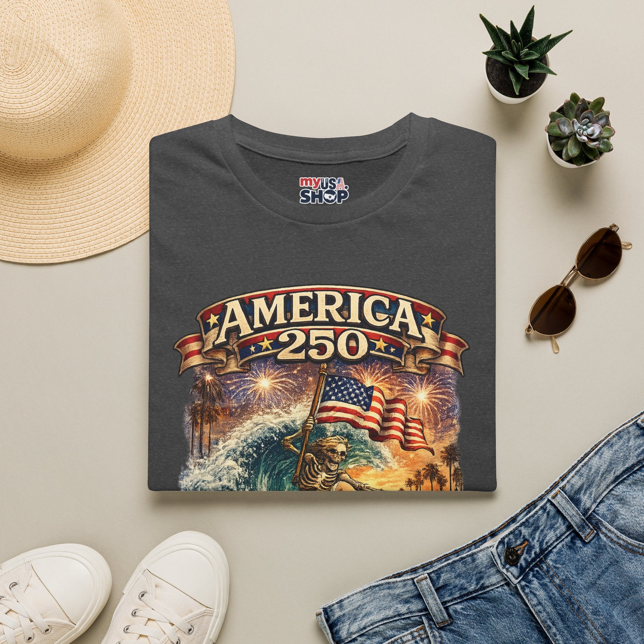 America 250 Venice Beach T-Shirt — Patriotic Vintage Surf & Fireworks Tee