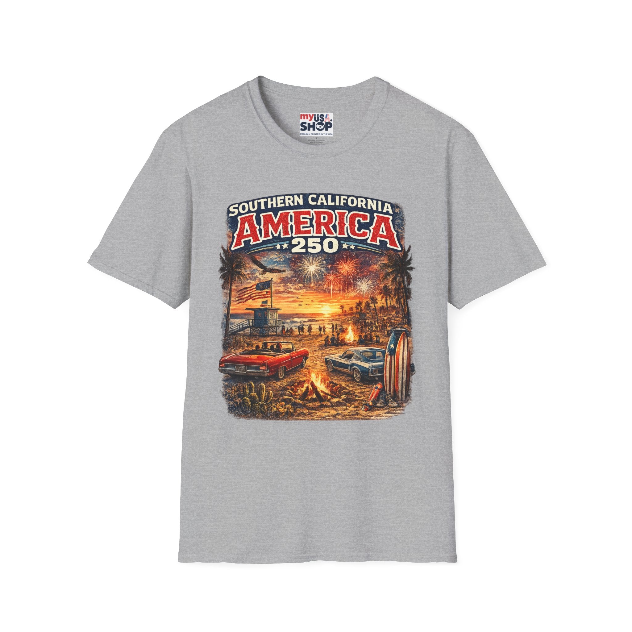 America 250 Southern California Sunset T-Shirt — Patriotic 4th of July Beach Vintage Tee