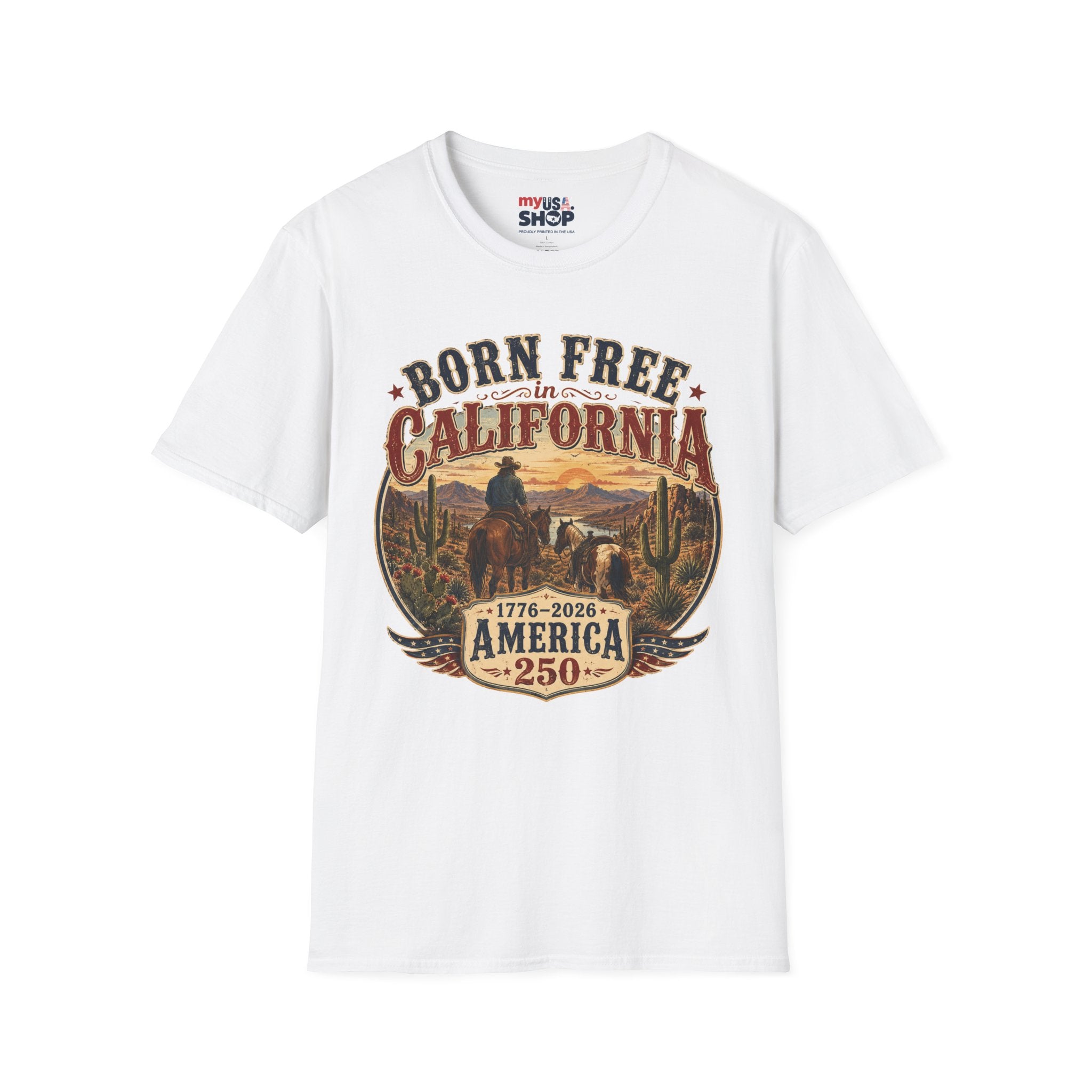 America 250 Born Free in California T-Shirt — Vintage Western Sunset Graphic