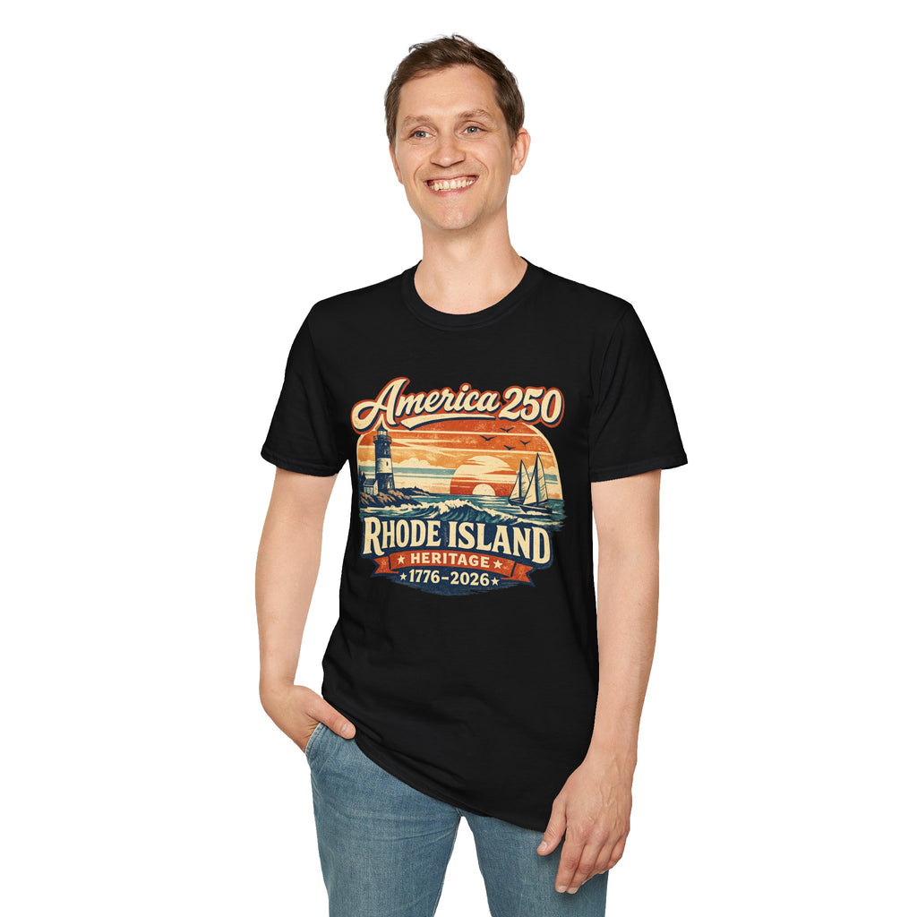 America 250 Rhode Island Heritage Shirt — Coastal Lighthouse Sunset Tee