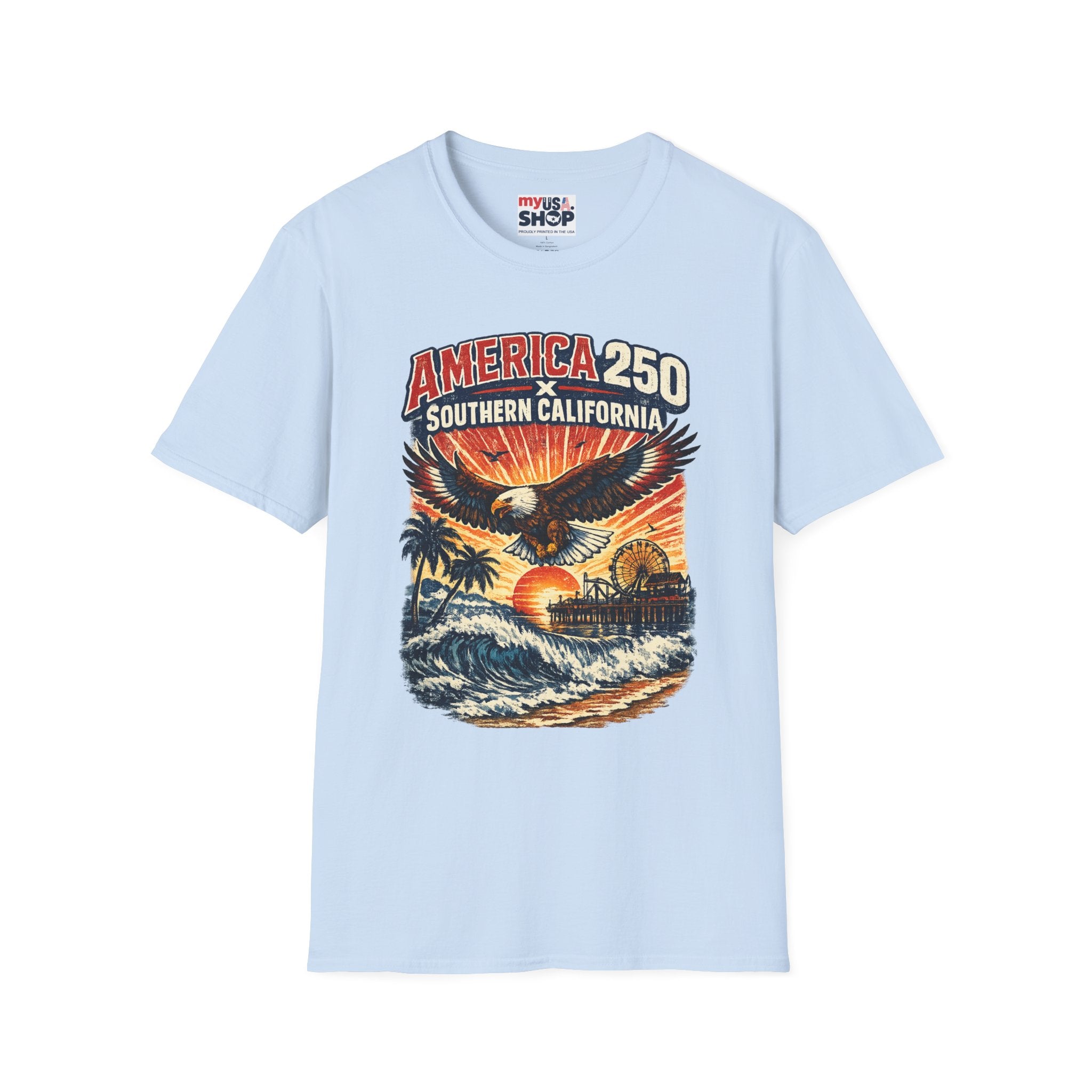 America 250 Southern California Graphic T-Shirt — Eagle, Sunset & Beach Vintage Design