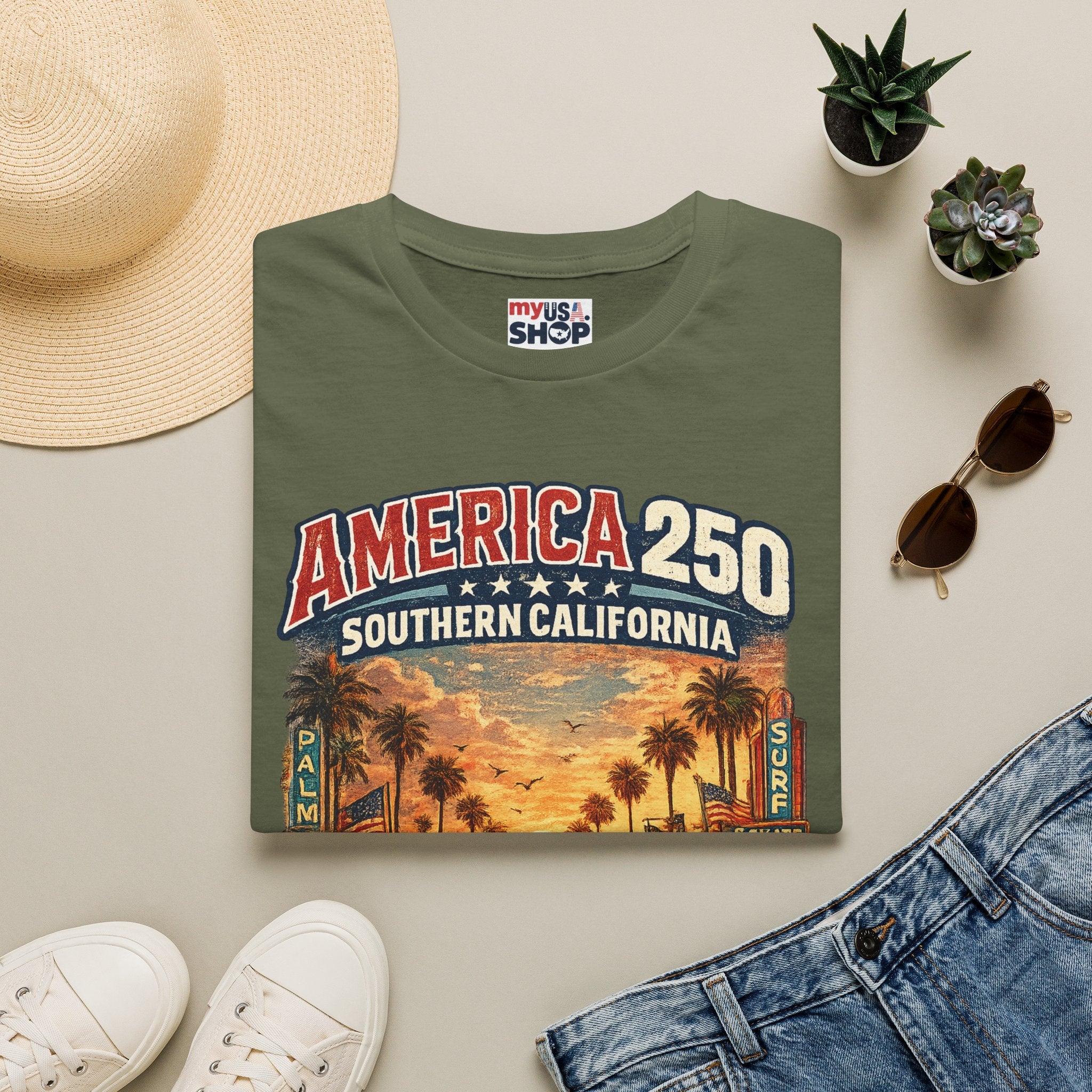 America 250 Southern California Sunset T‑Shirt — Retro Route 66 Palm Tree Tee