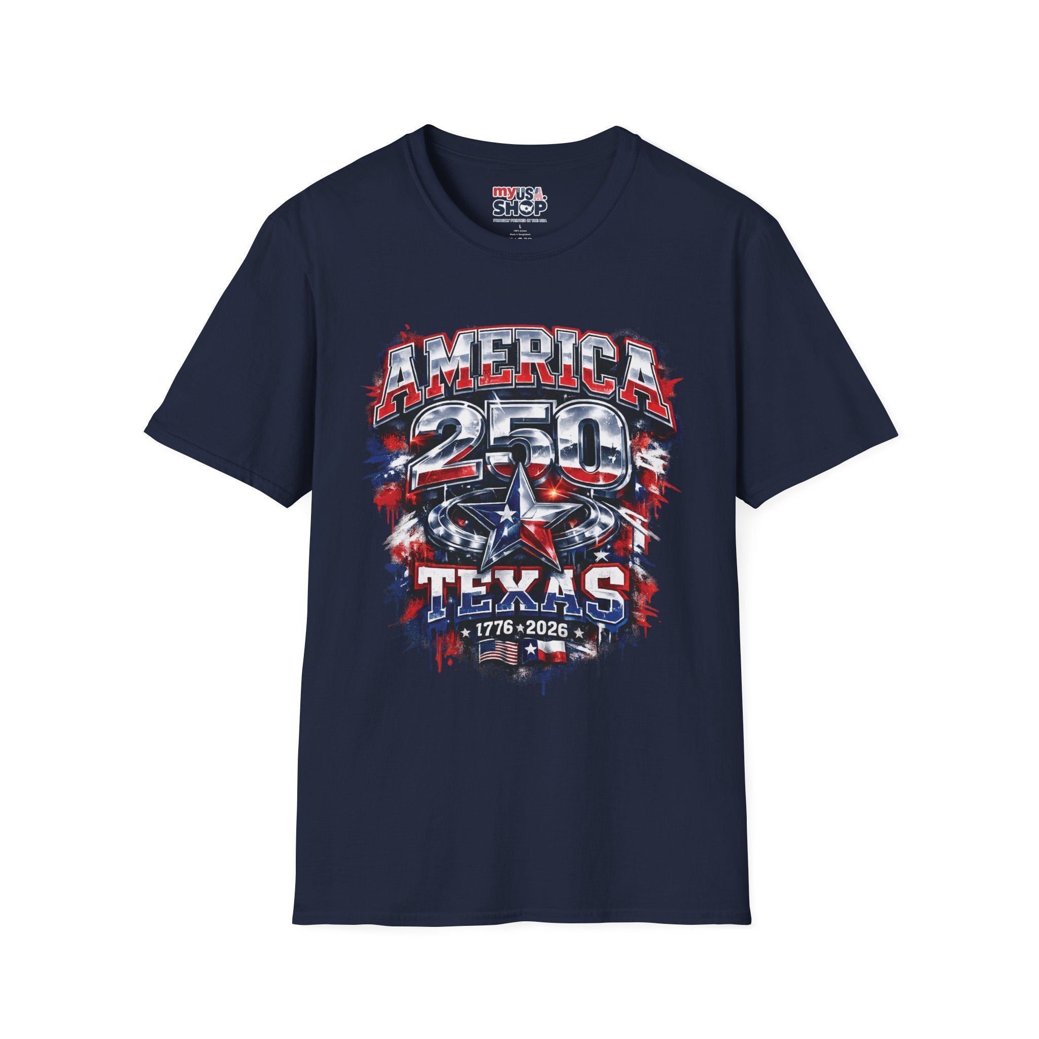 America 250 Texas Shirt — Patriotic Chrome Star Graphic Tee