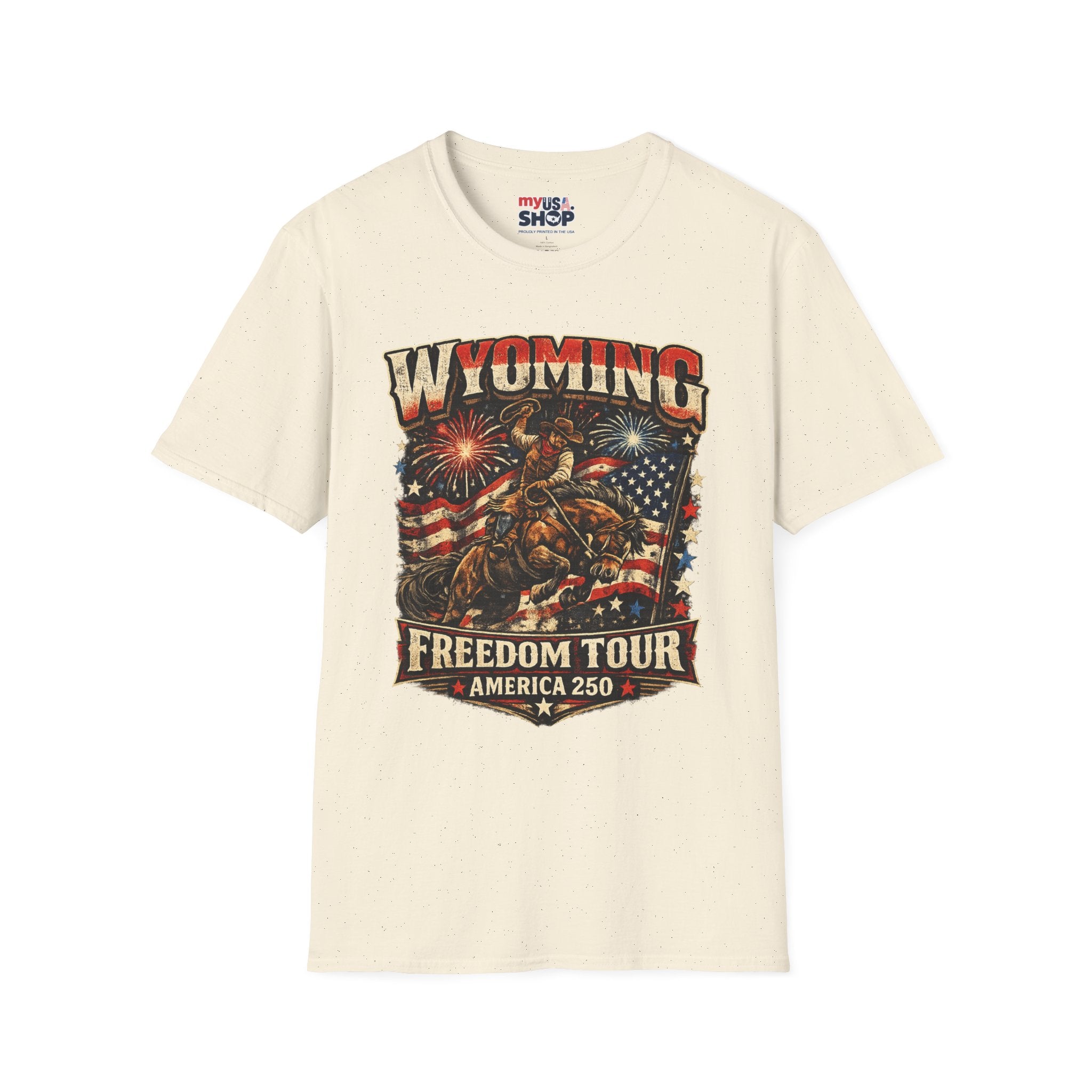America 250 Freedom Tour T-Shirt — Wyoming Patriotic Rodeo USA Graphic Tee