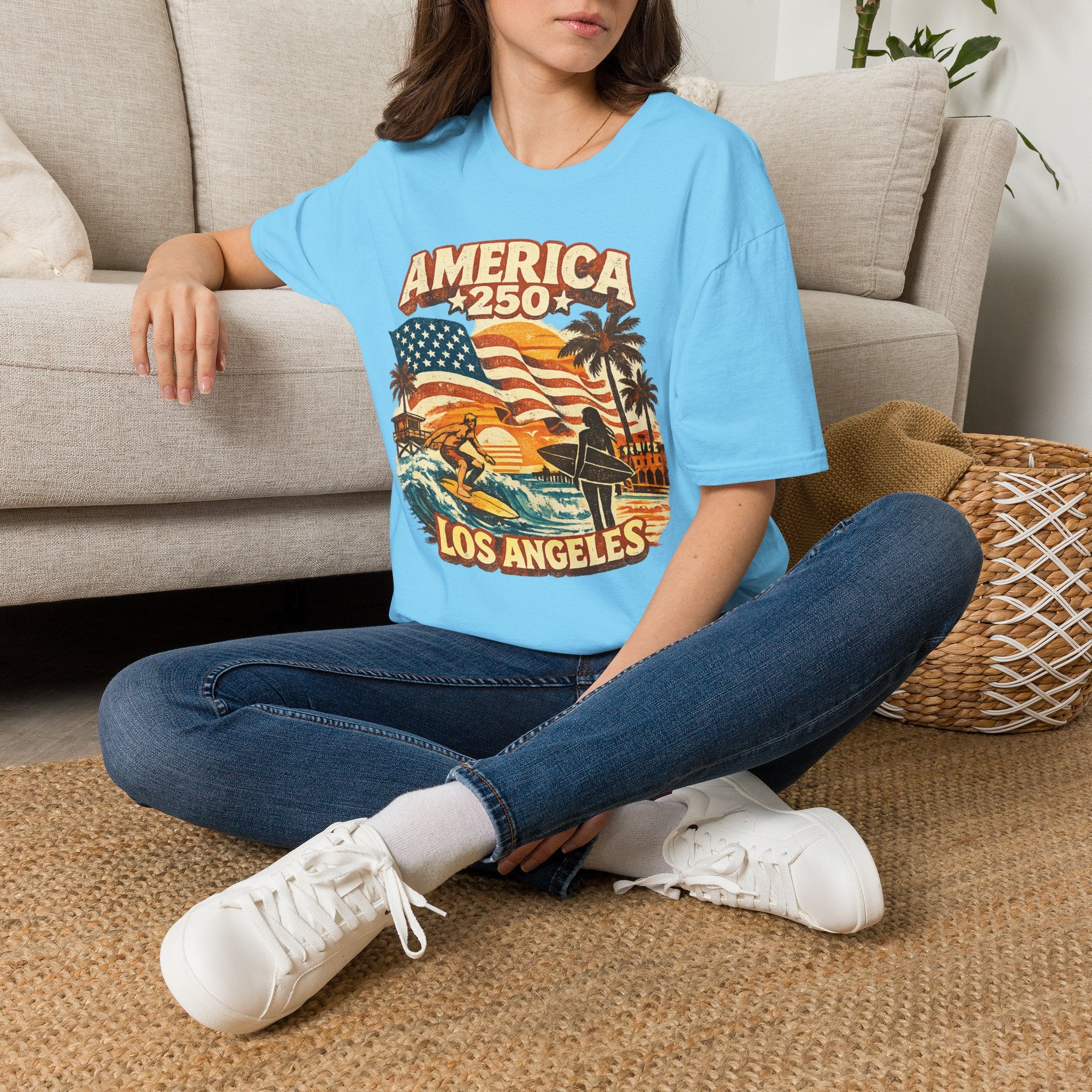 America 250 Los Angeles Surfers Beach Flag Palm Trees Sunset Retro California Tee