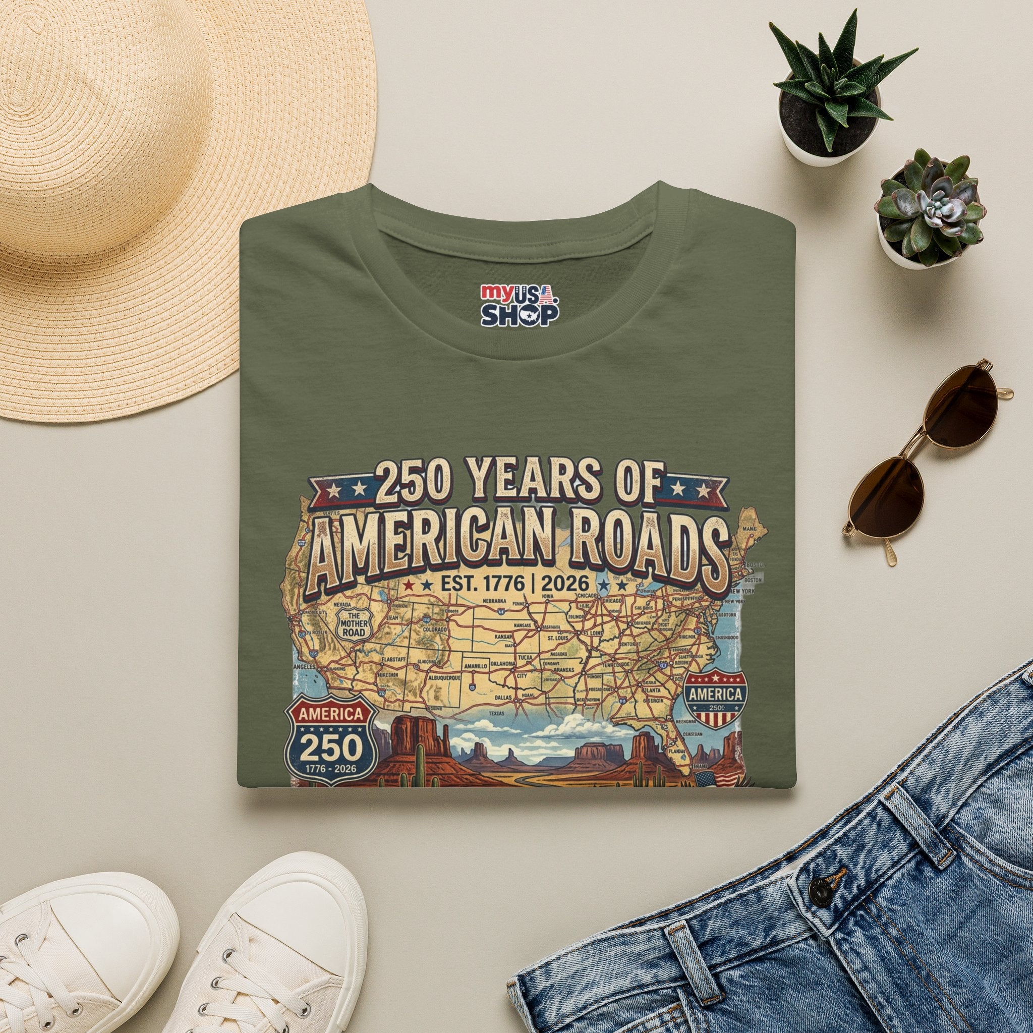 250 Years of American Roads T‑Shirt — Vintage USA Roadmap & Route 66 Travel Tee America 250 Pop Culture