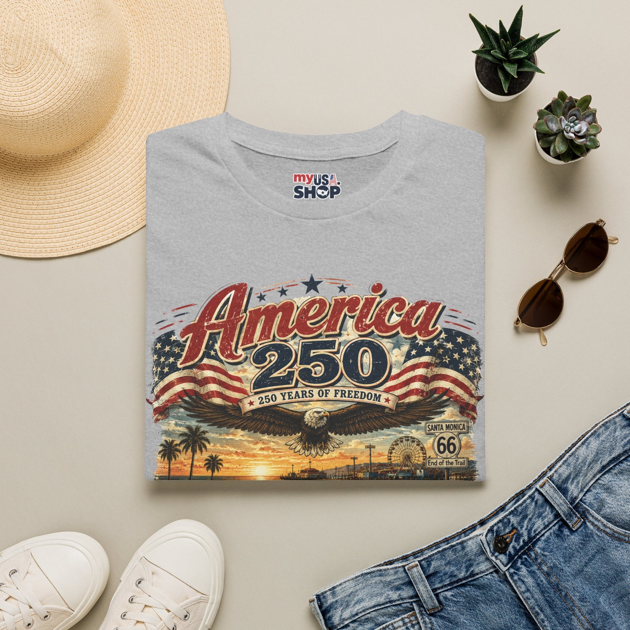 America 250 Santa Monica T-Shirt — USA 250 Years of Freedom Vintage Graphic Tee