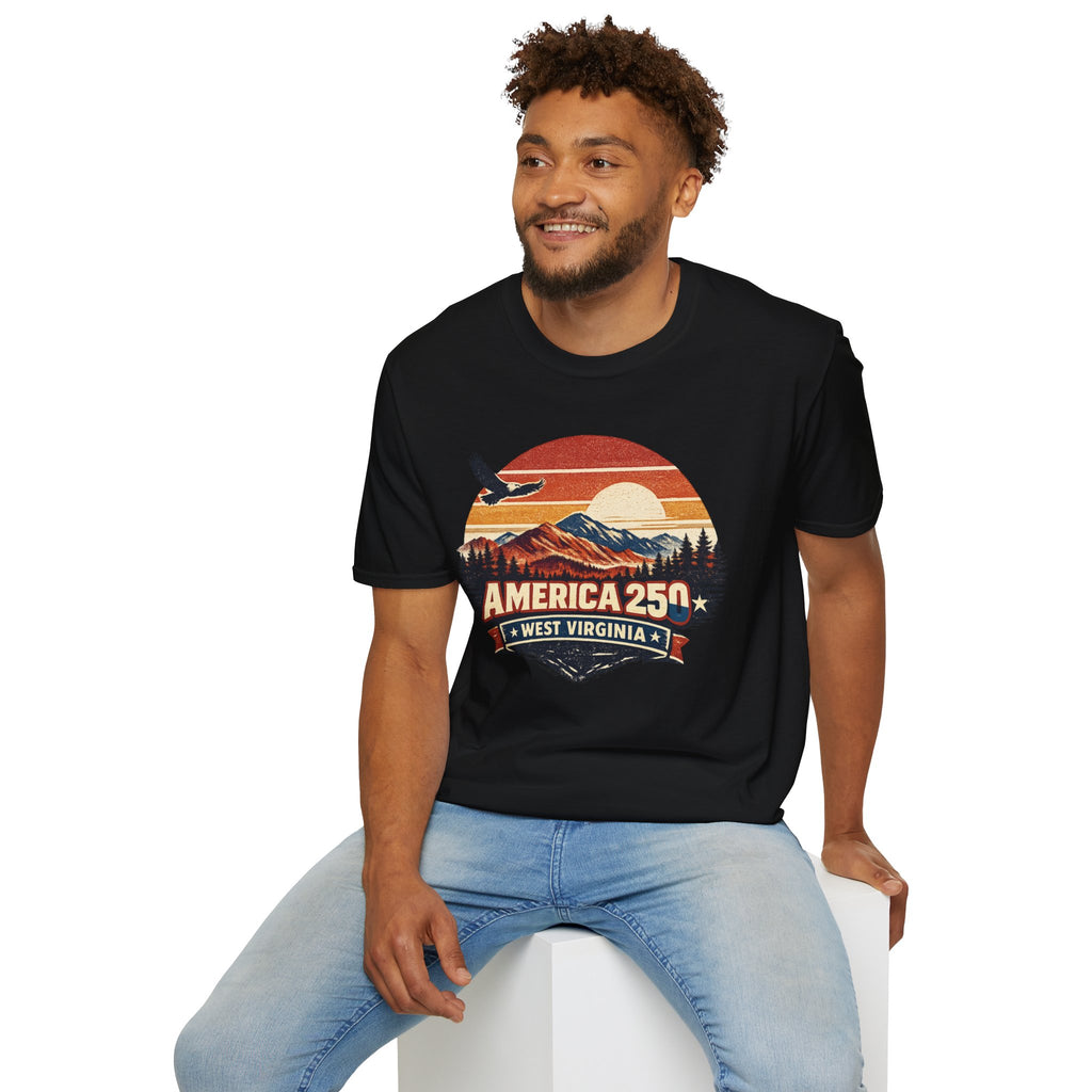 America 250 Retro Sunrise T-Shirt — West Virginia Scenic Eagle Design