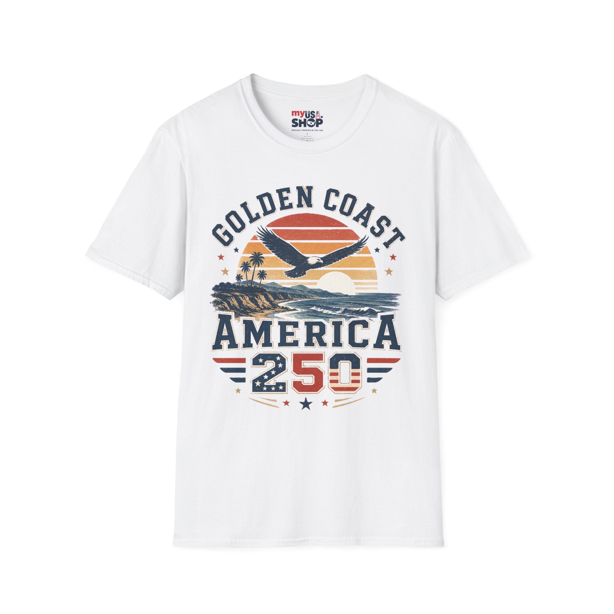 Golden Coast T-Shirt — Retro Sunset Eagle America 250 Beach Tee