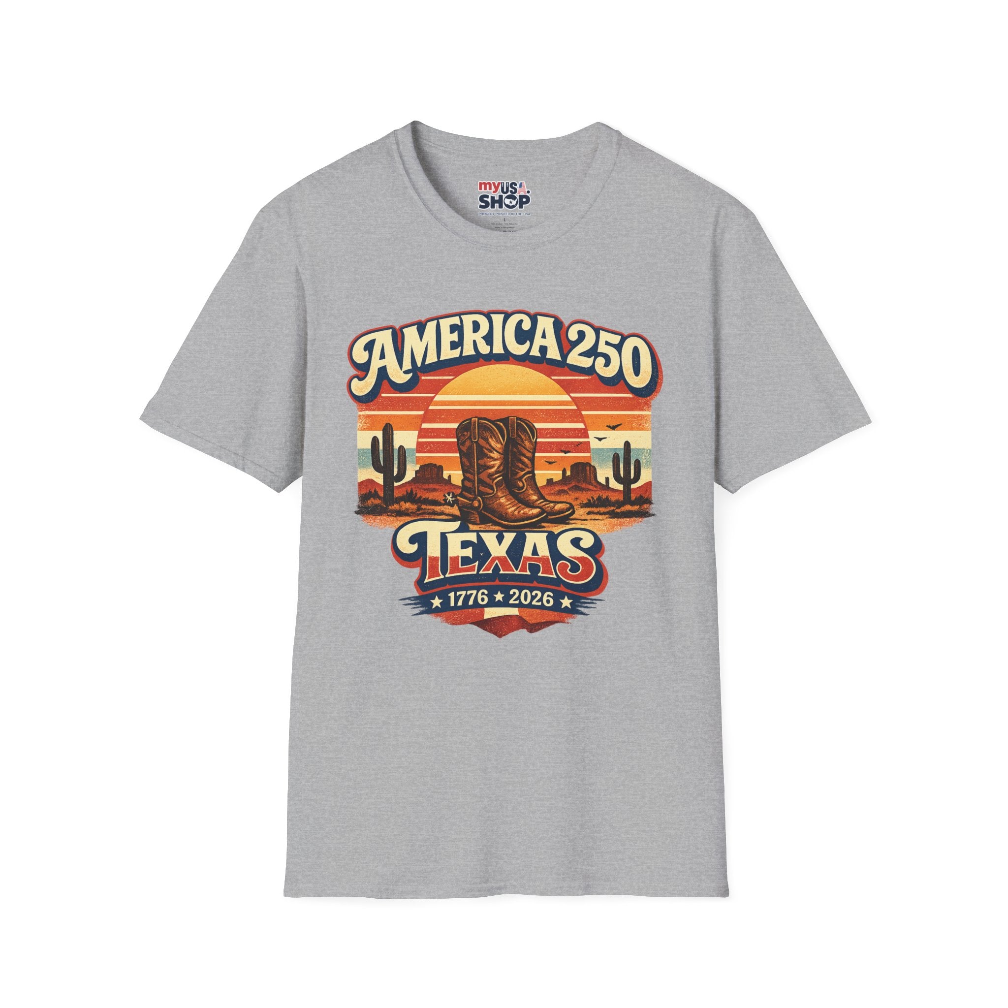 America 250 Texas T-Shirt — 1776–2026 Retro Cowboy Boots Sunset Design