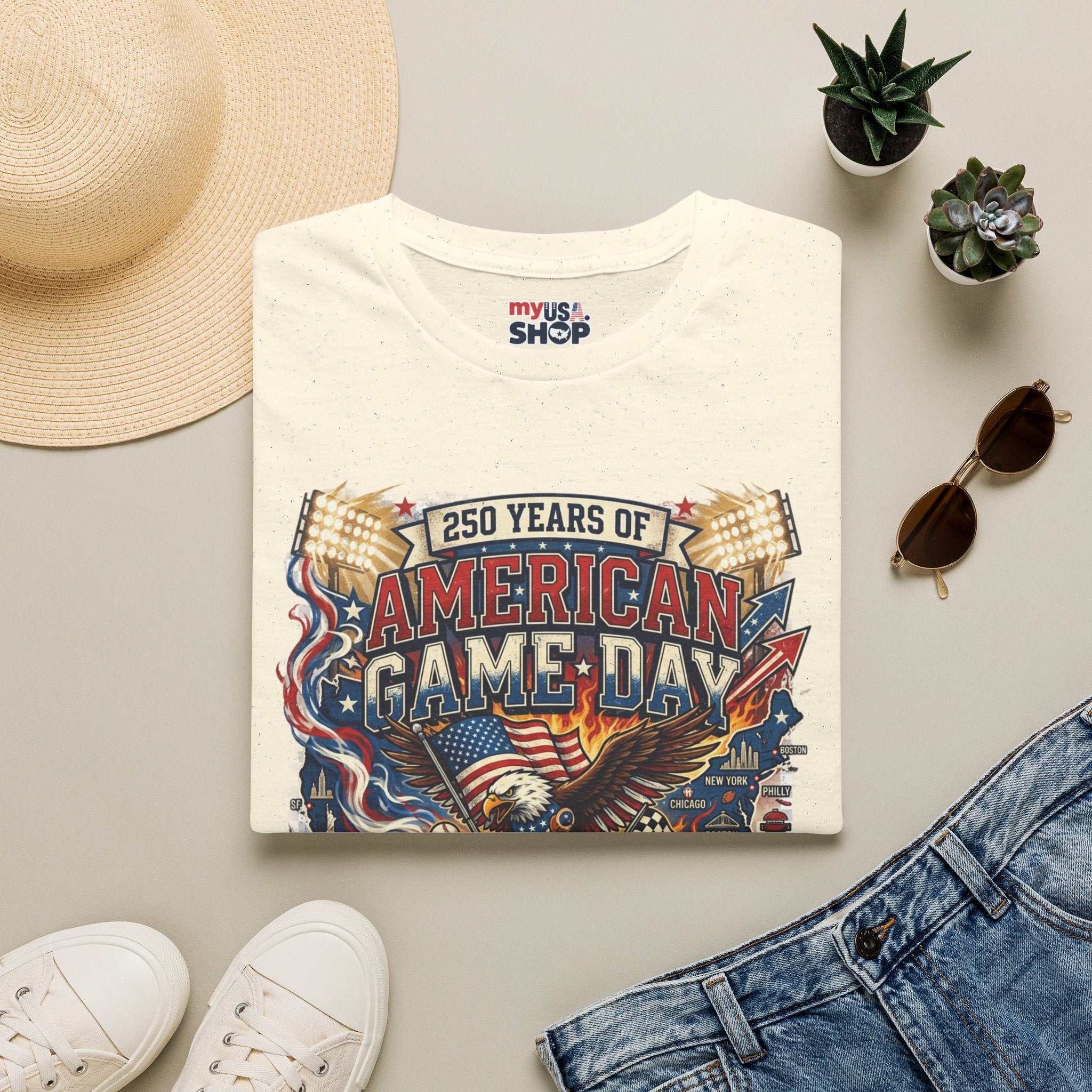 American Game Day T-Shirt — 250 Years USA Football & Baseball Celebration Pop Culture