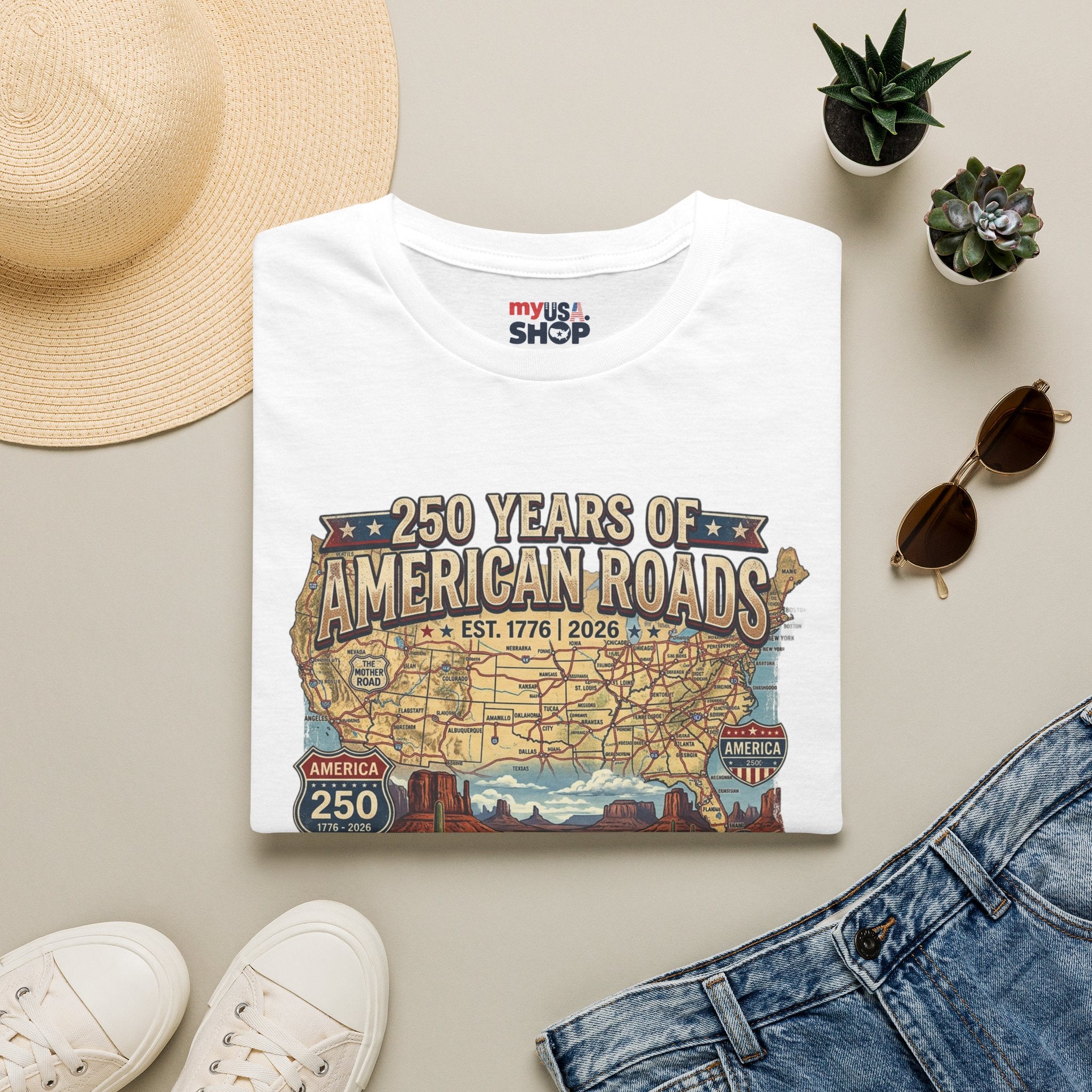 250 Years of American Roads T‑Shirt — Vintage USA Roadmap & Route 66 Travel Tee America 250 Pop Culture
