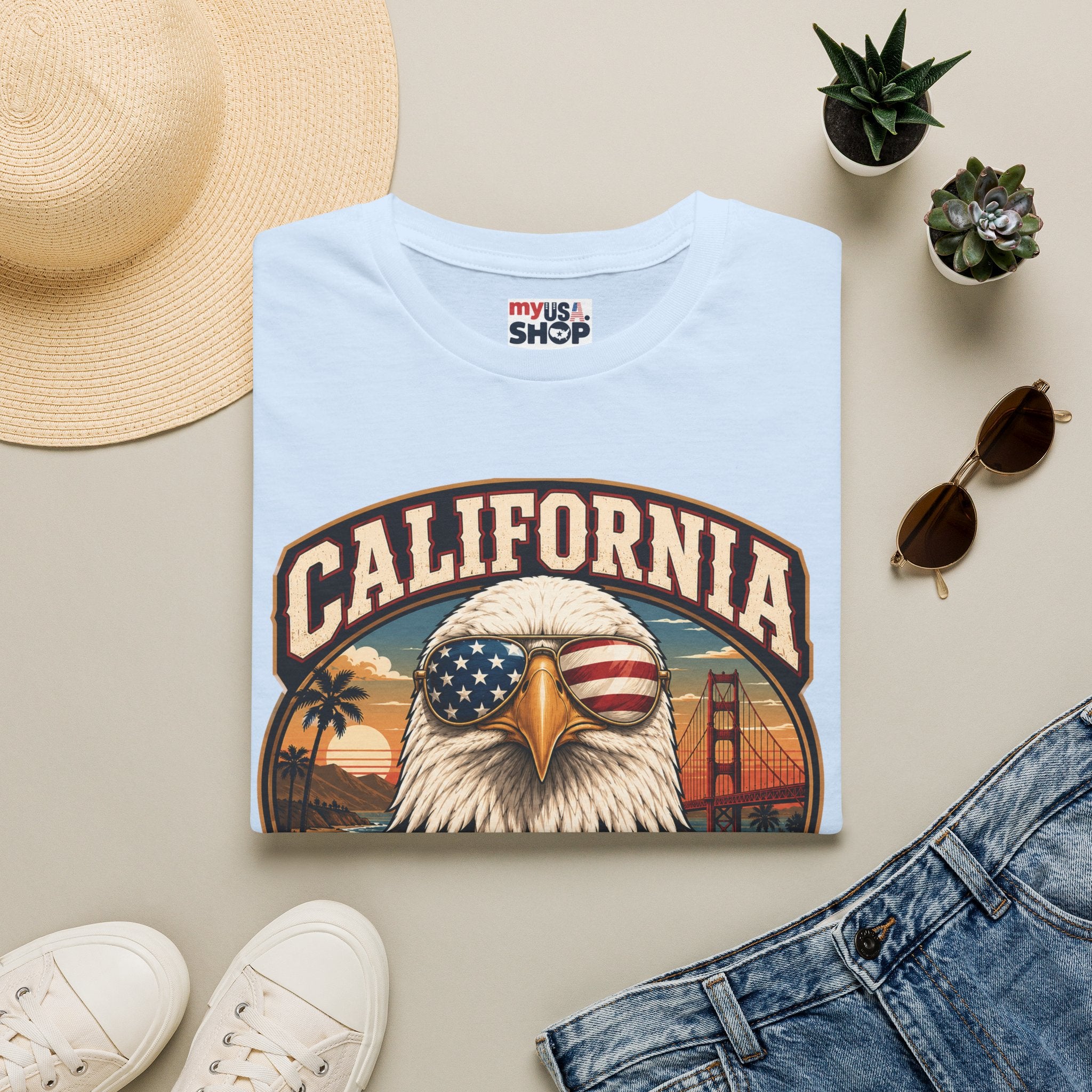 America 250 California Eagle Club T-Shirt — Patriotic Vintage Bald Eagle & Golden Gate Tee