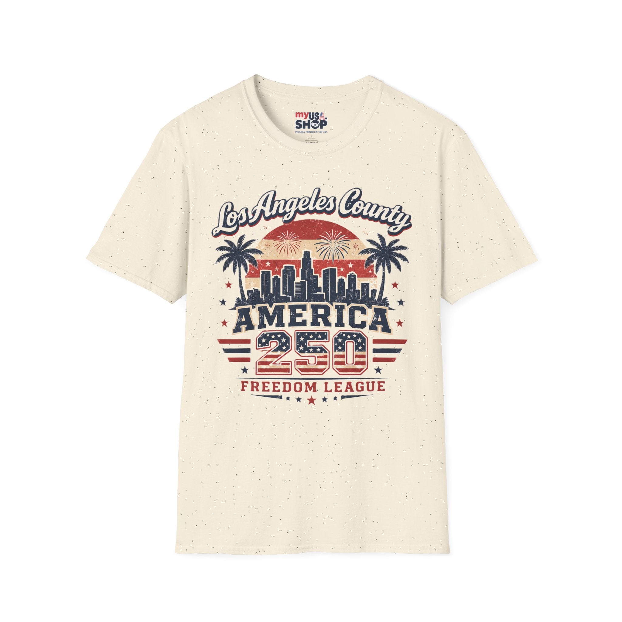 Los Angeles County Skyline T-Shirt — Vintage American 250 Fireworks Design