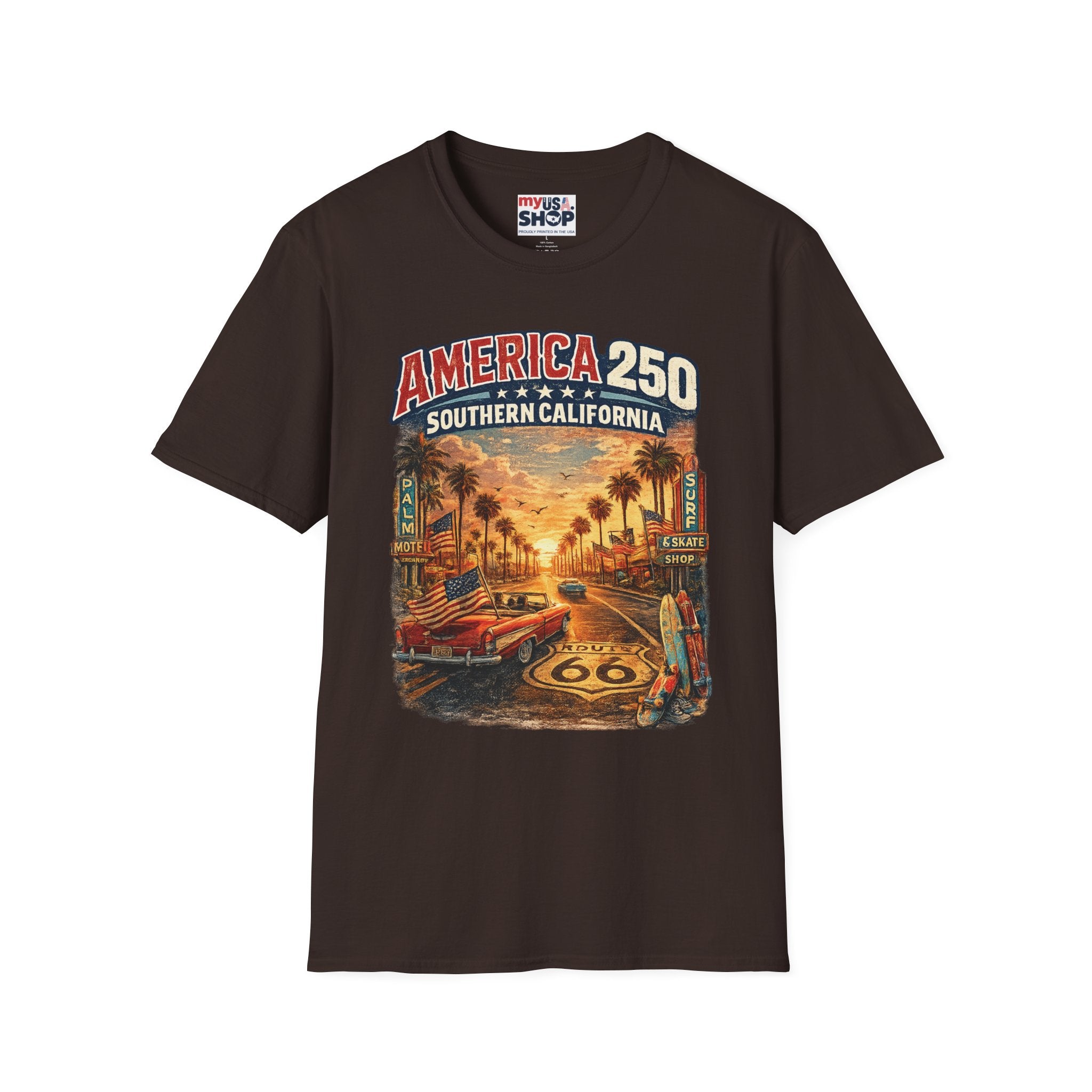 America 250 Southern California Sunset T‑Shirt — Retro Route 66 Palm Tree Tee