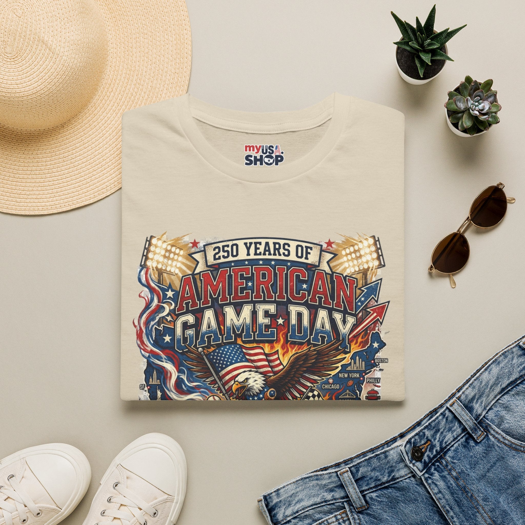 American Game Day T-Shirt — 250 Years USA Football & Baseball Celebration Pop Culture
