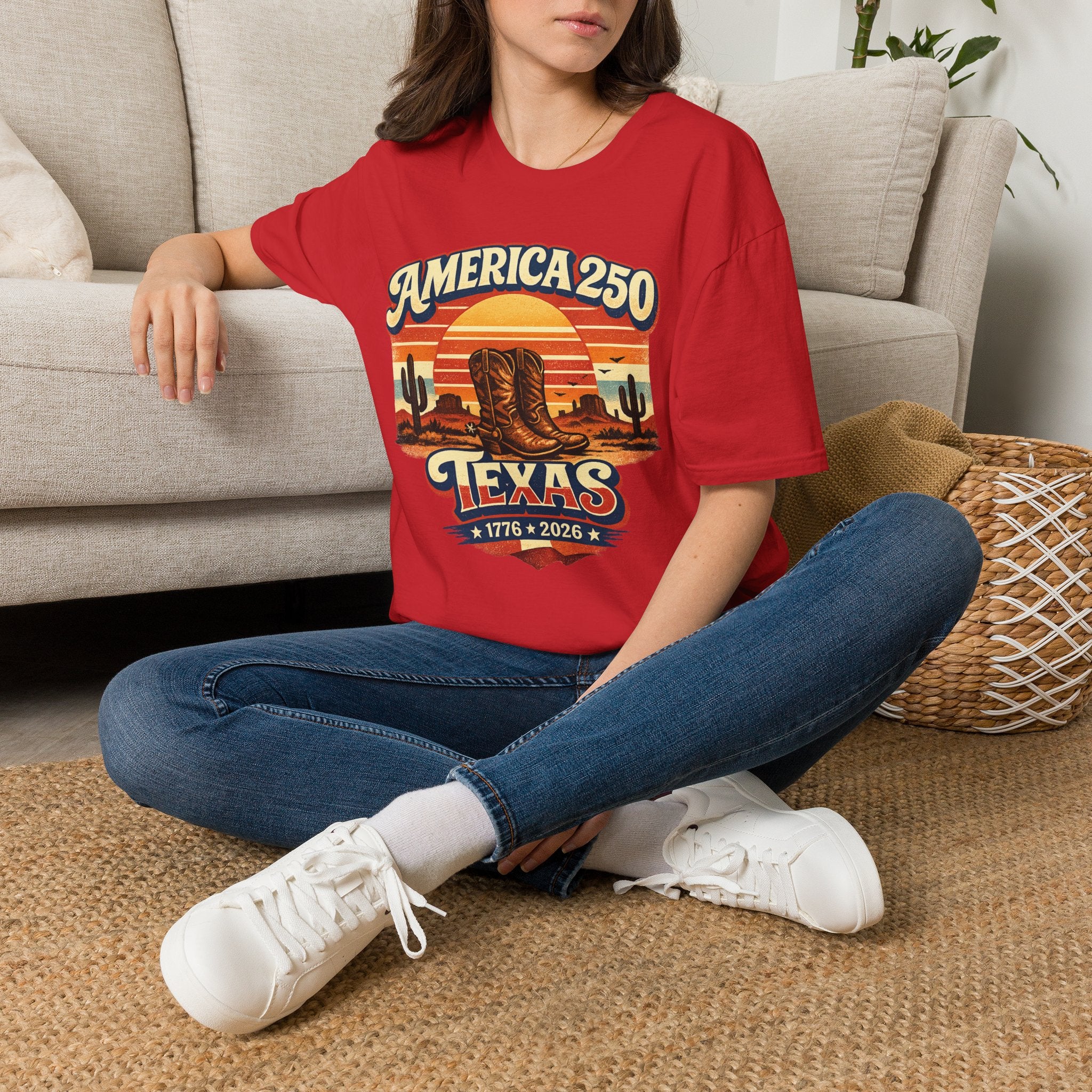 America 250 Texas T-Shirt — 1776–2026 Retro Cowboy Boots Sunset Design