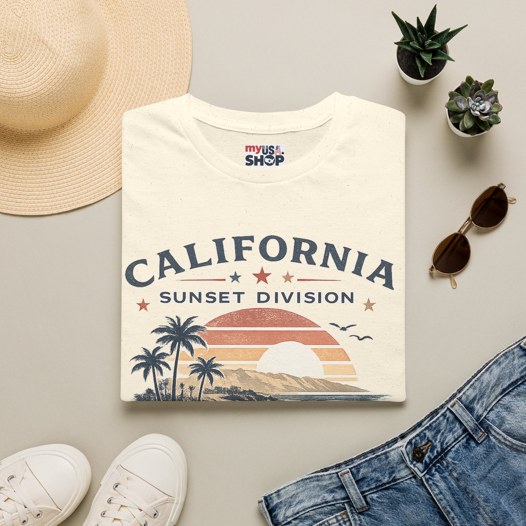 America 250 California Sunset Division T-Shirt — Vintage Palm Beach Sunset Tee