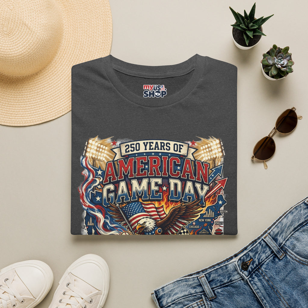 American Game Day T-Shirt — 250 Years USA Football & Baseball Celebration Pop Culture