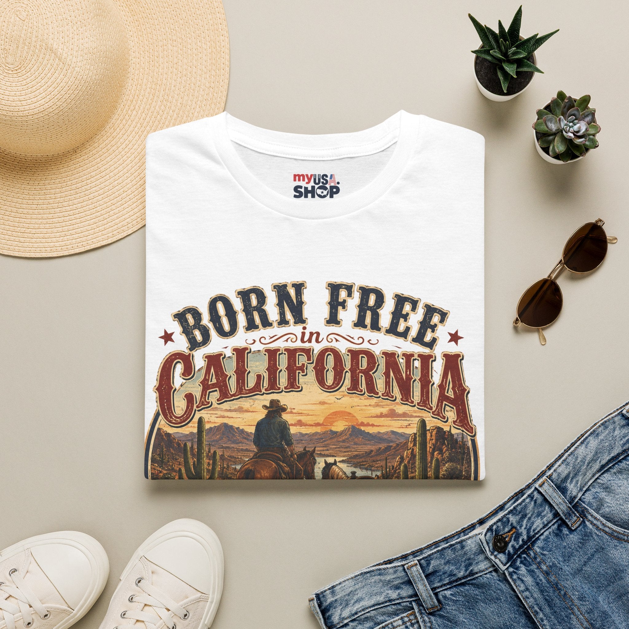 America 250 Born Free in California T-Shirt — Vintage Western Sunset Graphic