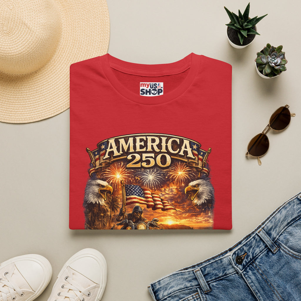 America 250 Celebration T-Shirt — Patriotic Fireworks & Bald Eagle Tee