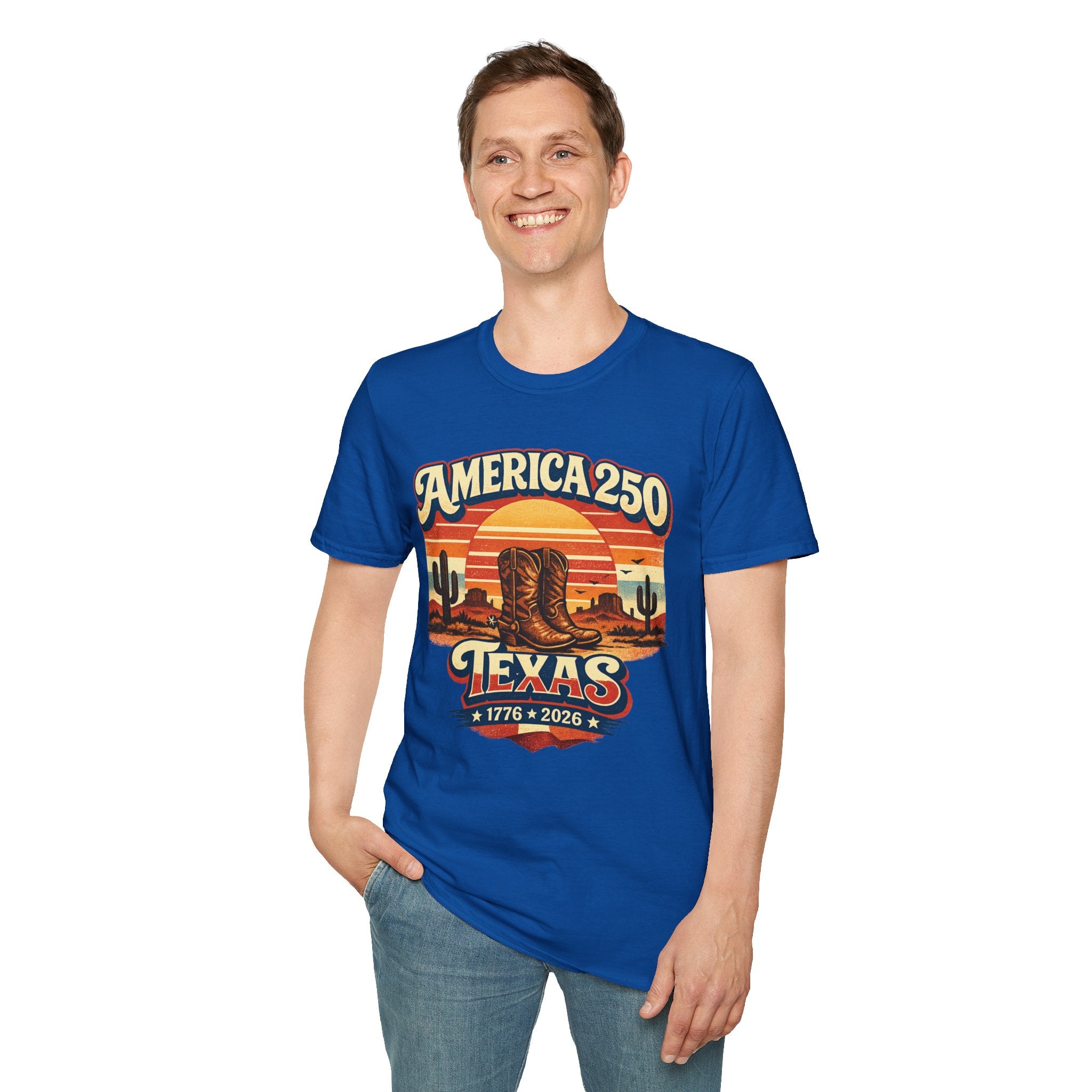 America 250 Texas T-Shirt — 1776–2026 Retro Cowboy Boots Sunset Design