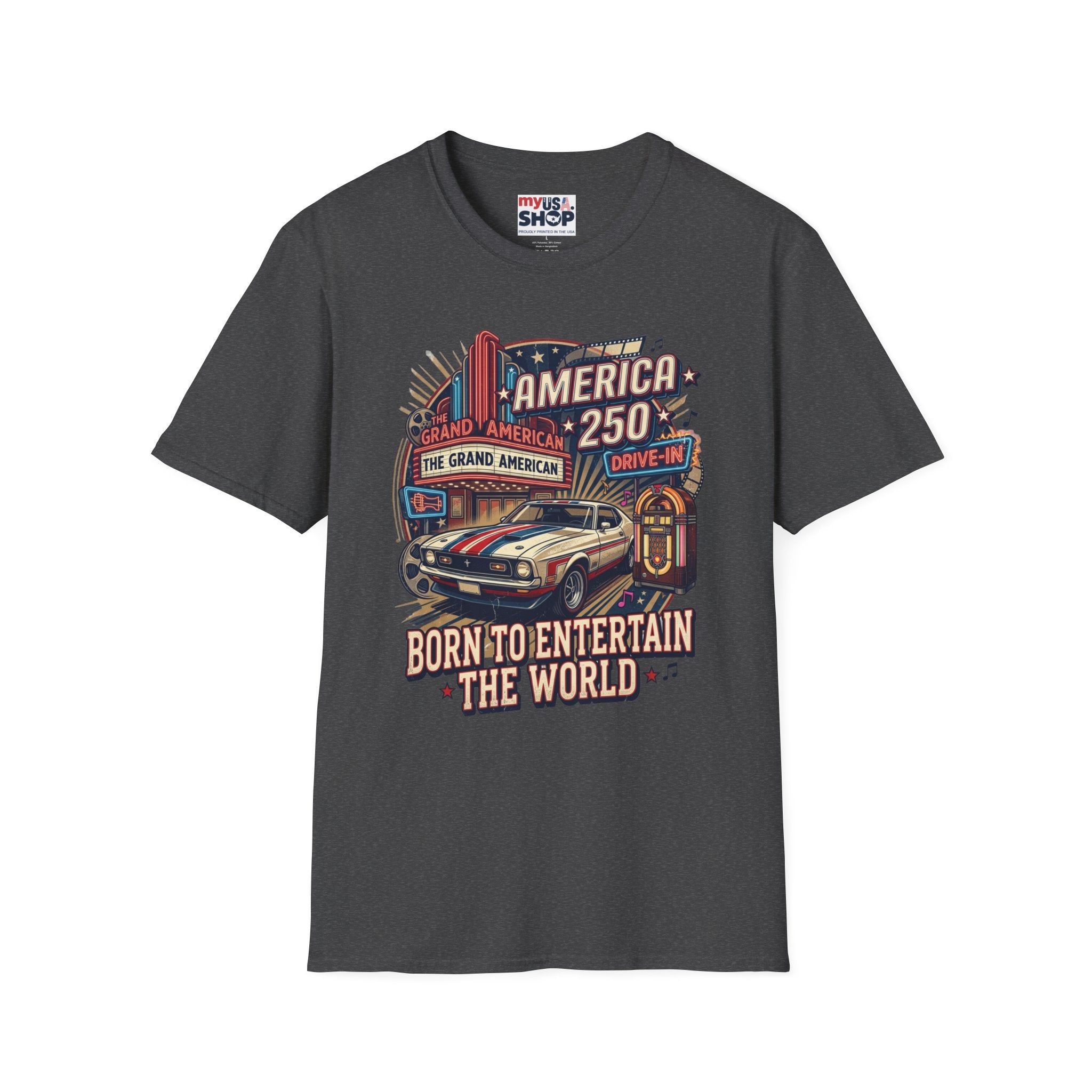 America 250 Vintage Drive-In Car T-Shirt — "Born to Entertain the World" Pop Culture