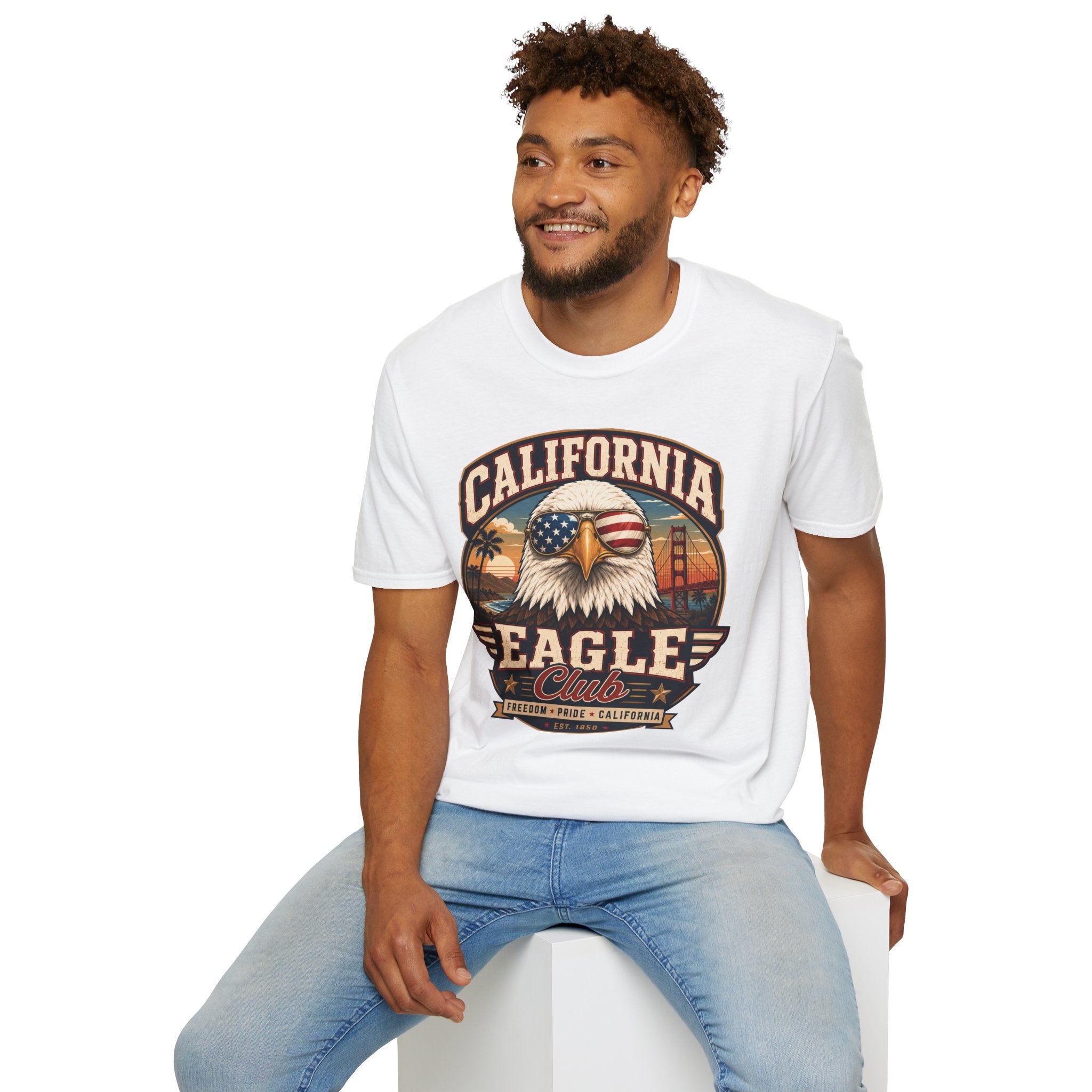 America 250 California Eagle Club T-Shirt — Patriotic Vintage Bald Eagle & Golden Gate Tee