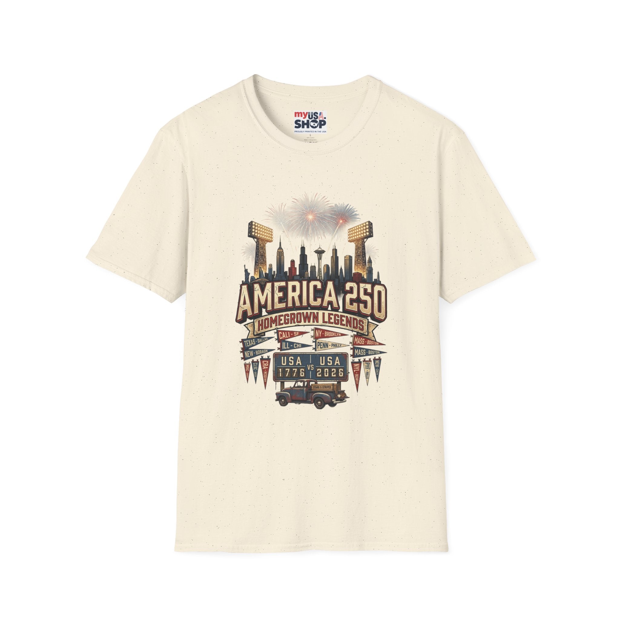 America 250 Celebration T‑Shirt — Hometown Legends Fireworks Skyline Pop Culture
